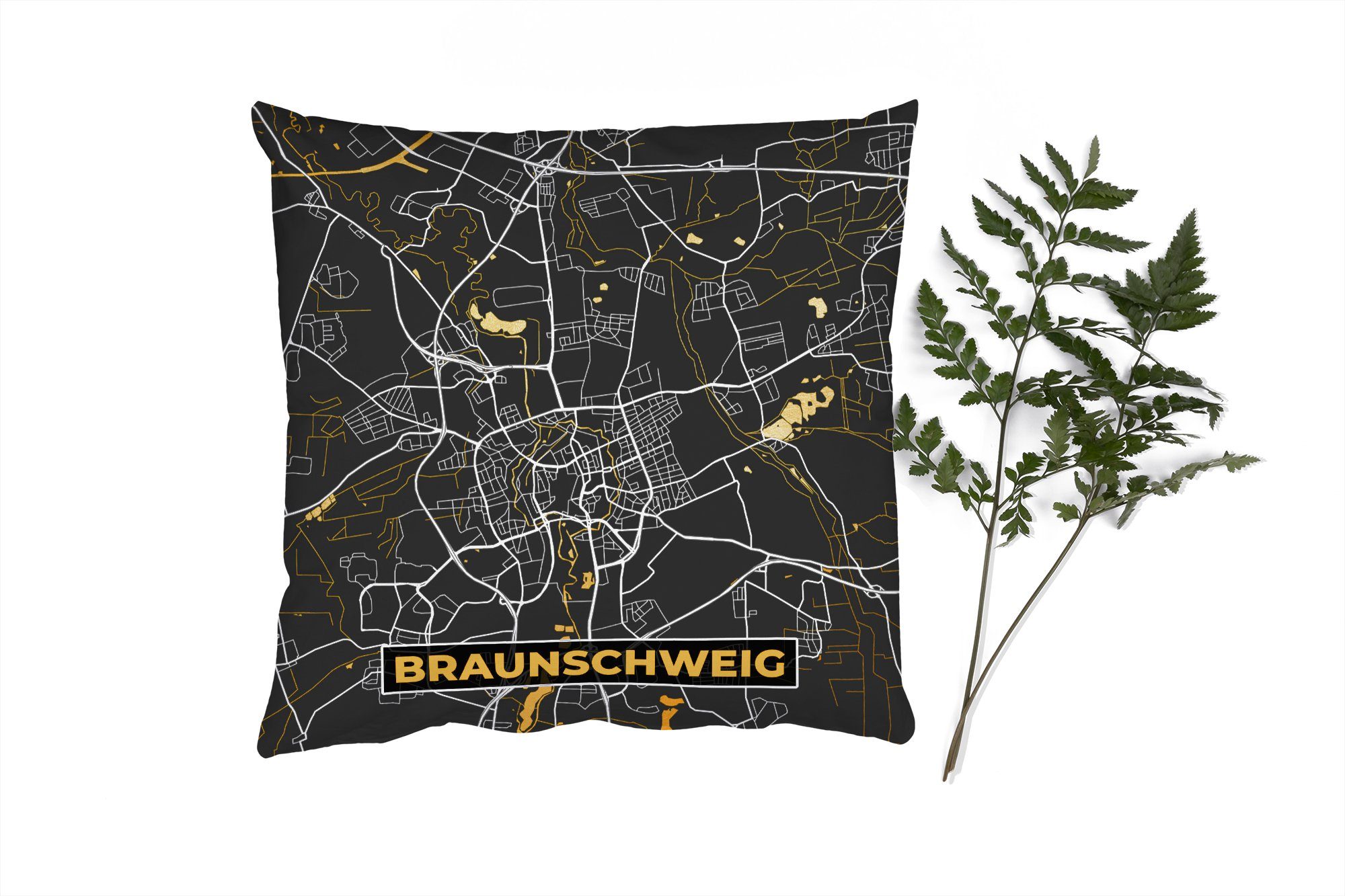 MuchoWow Dekokissen Braunschweig - Stadtplan - Gold - Karte - Deutschland, Zierkissen mit Füllung für Wohzimmer, Schlafzimmer, Deko, Sofakissen