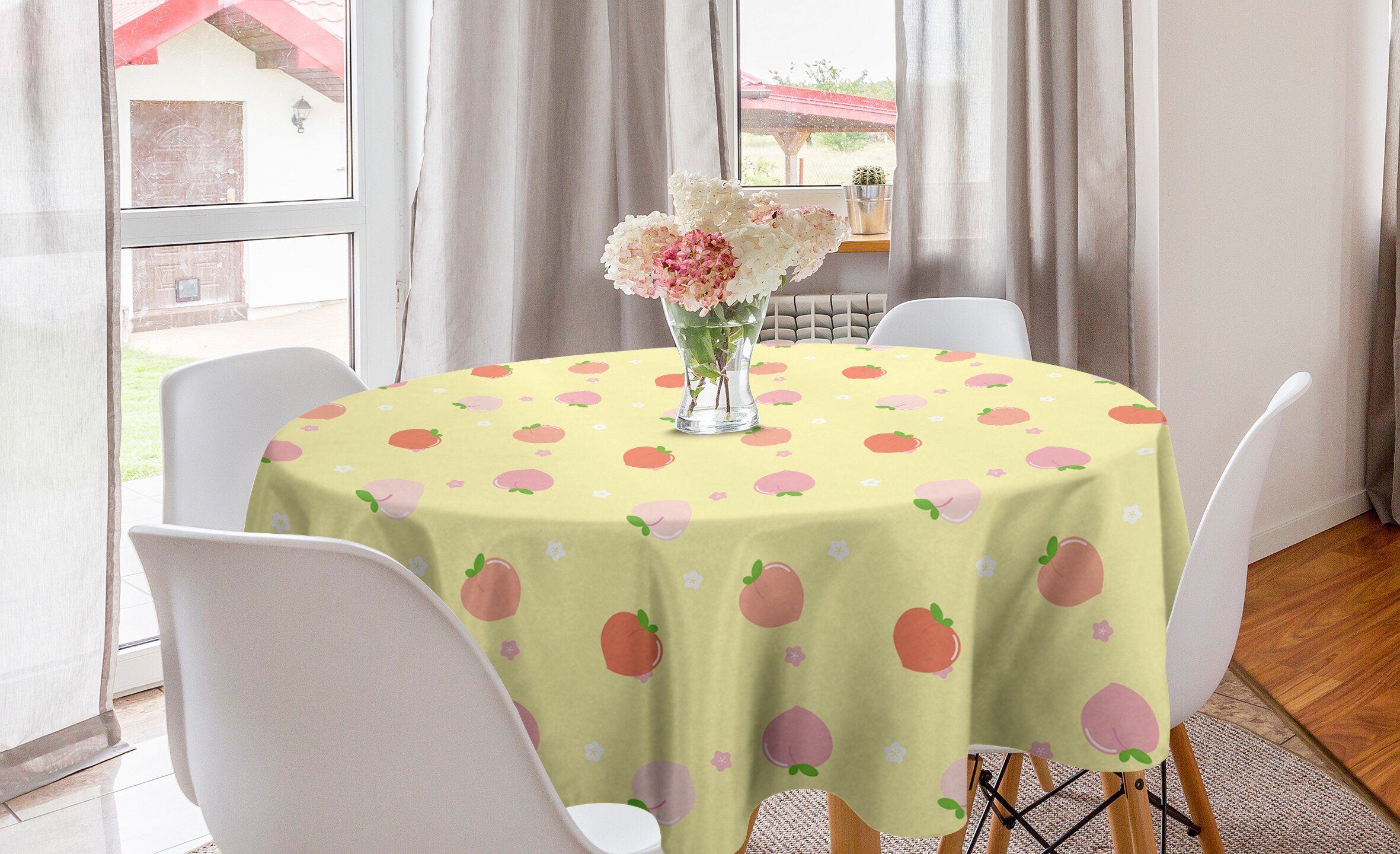 Abakuhaus Tischdecke Kreis Tischdecke Abdeckung für Esszimmer Küche Dekoration, Peach Farben Obst mit Blossom