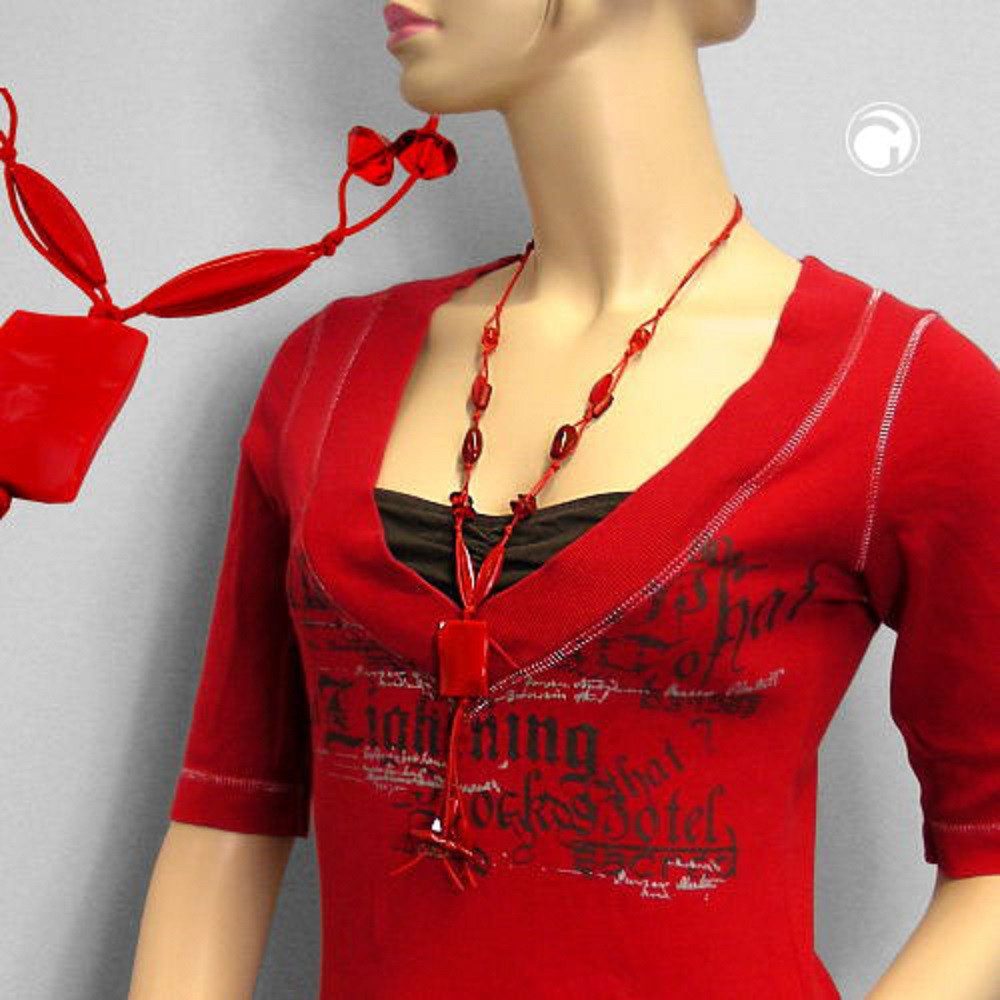 unbespielt Collier Kette Viereck Kunststoff-Perlen gewellt rot Kordel rot 100 cm, Modeschmuck für Damen