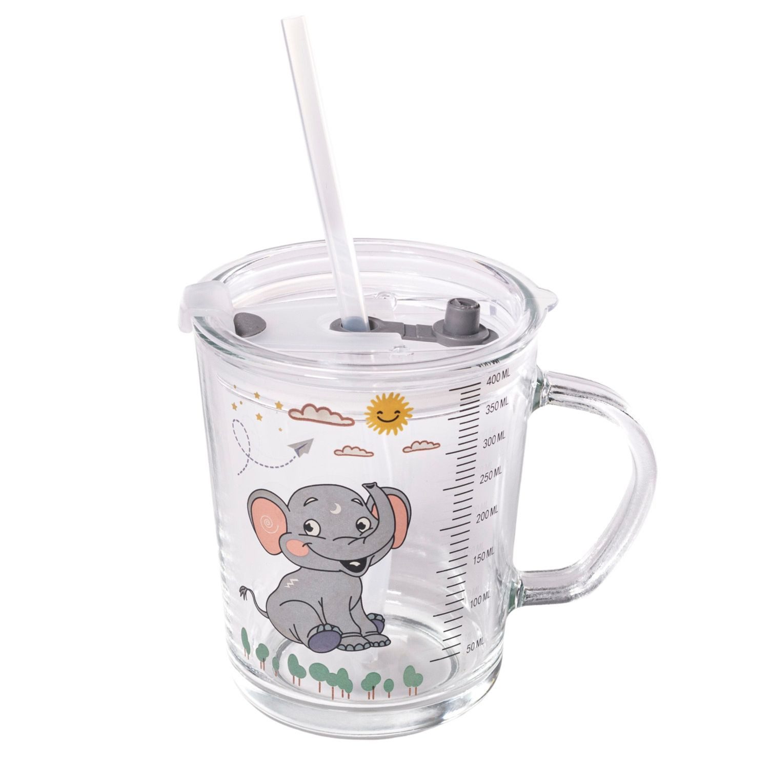 Intirilife Kinderbecher, 1-tlg., Glas, Kinder Trinkbecher transparent mit Deckel Strohhalm mit Elefant Design