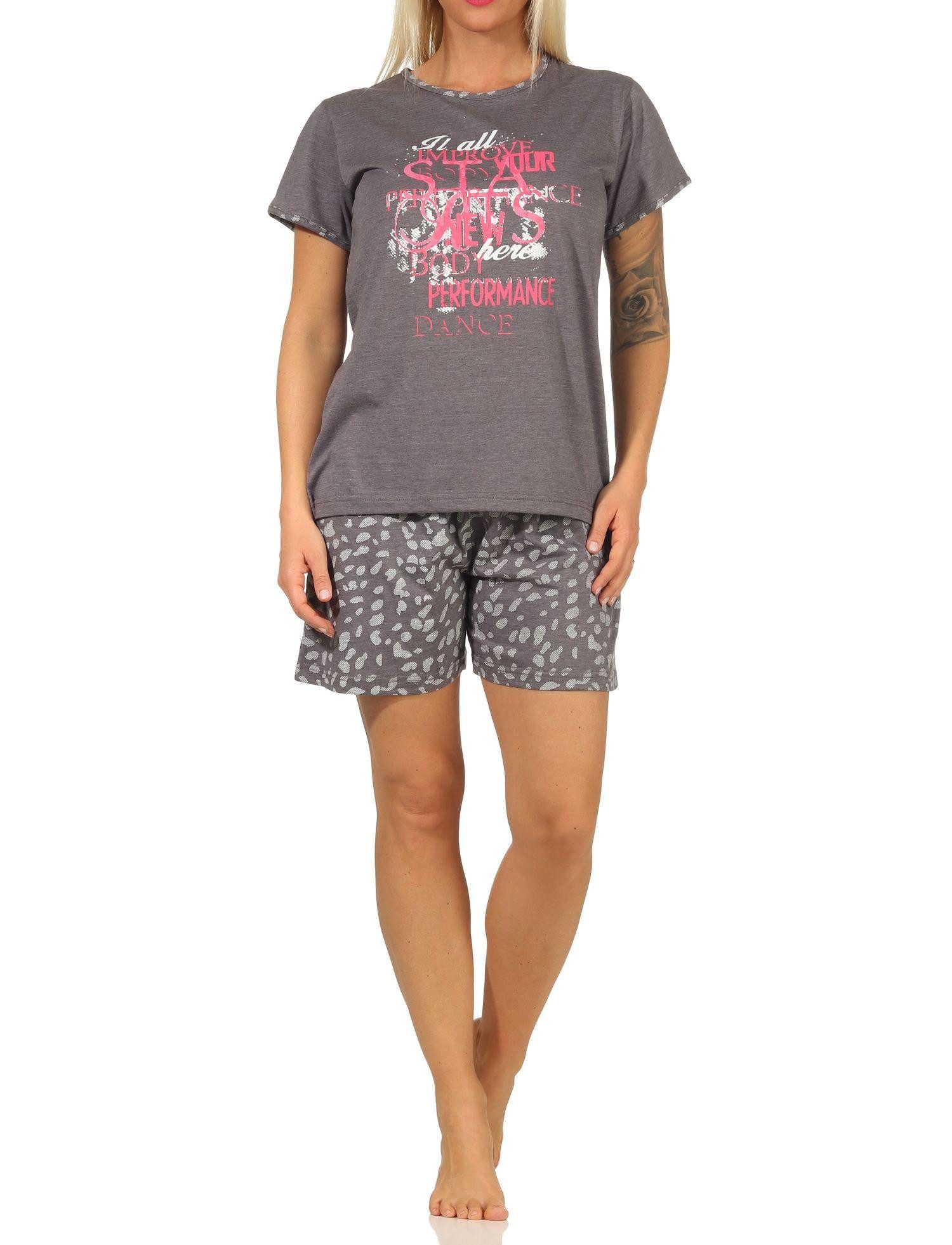 RELAX by Normann Pyjama Damen kurzarm Shorty Schlafanzug mit Frontprint und kurzer Hose