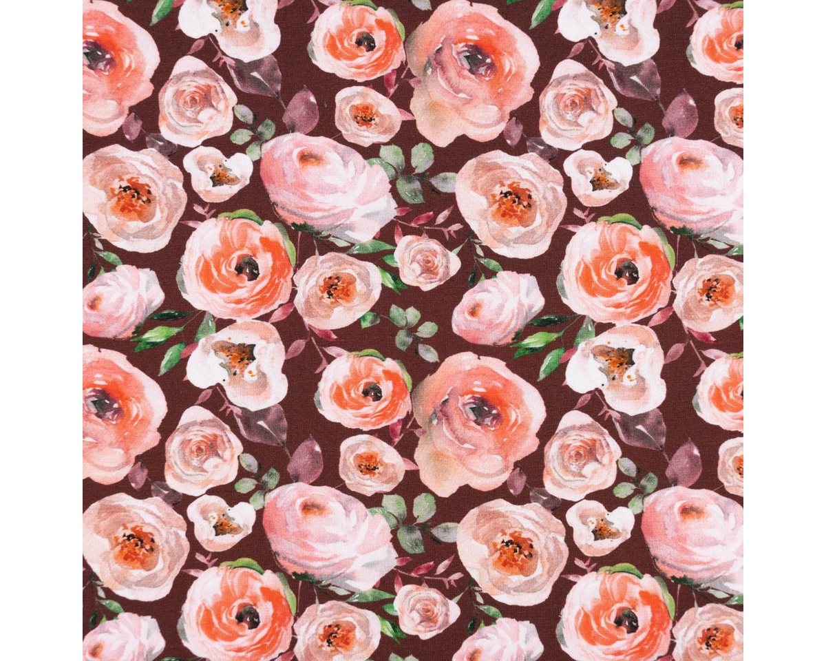 Thumbnail - SCHÖNER LEBEN. Stoff Baumwolljersey Digitaldr. ROSES Rosen Blüten bordeaux rosa apricot 1, allergikergeeignet