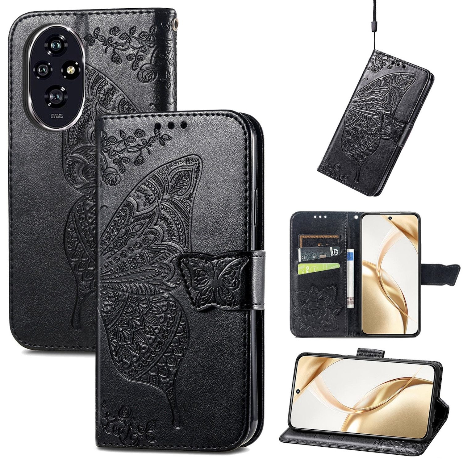Wigento Smartphone-Hülle Für Honor 200 Kunstleder Wallet Tasche Design Schmetterling Schwarz, Kunst-Leder Schutzhülle Smart Case Cover magnetischer Verschluss