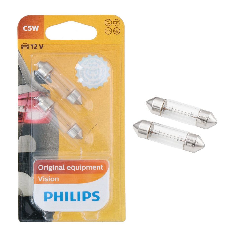 Philips KFZ-Ersatzleuchte 2x Philips Vision C5W Soffitte 12V 5W 36mm SV8,5 Glühlampen, C5W-/SV8,5-Fassung, 2 St., Philips Markenqualität, OEM-Standard, 36 mm Soffitte