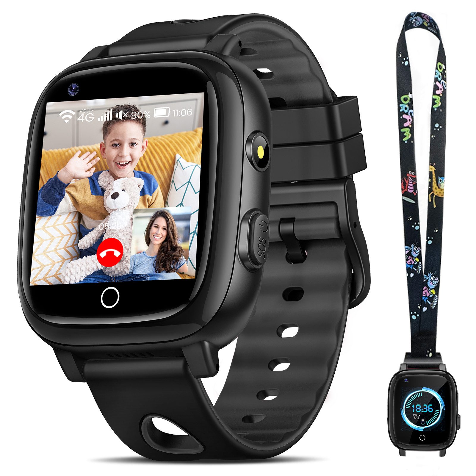 Sanorum 4G Smartwatch kinder mit GPS und Telefonfunktion Smartwatch (3.3 cm/1,3 Zoll, HD Voll Touchscreen) IP68 Kinder Smartwatch, mit Videoanrufen, SOS, WiFi, Musik, Wecker, Schulmodus, Geschenke für Jungen Mädchen, mit Halsseil