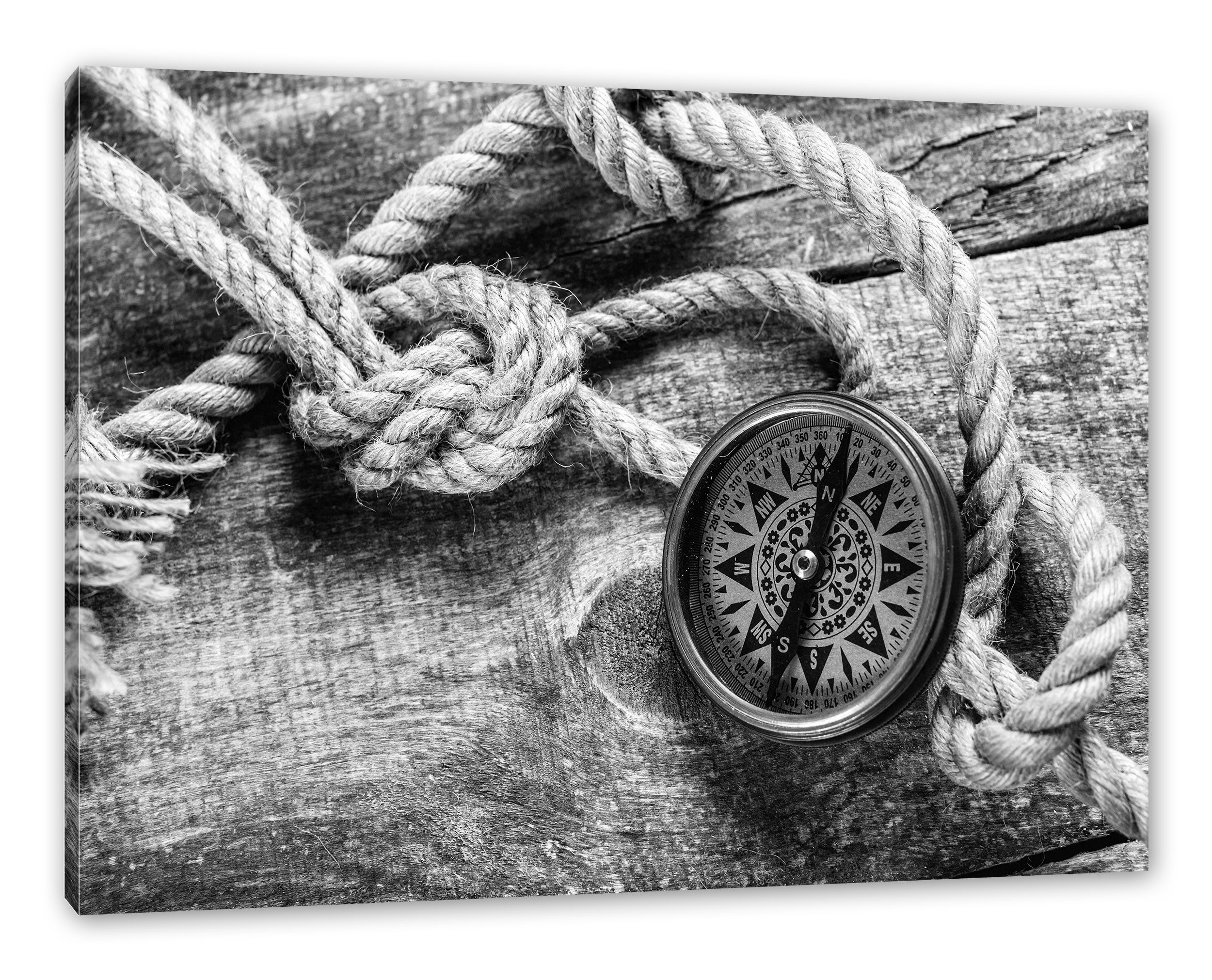 Pixxprint Leinwandbild Schiffseil und Kompass, Schiffseil und Kompass (1 St), Leinwandbild fertig bespannt, inkl. Zackenaufhänger