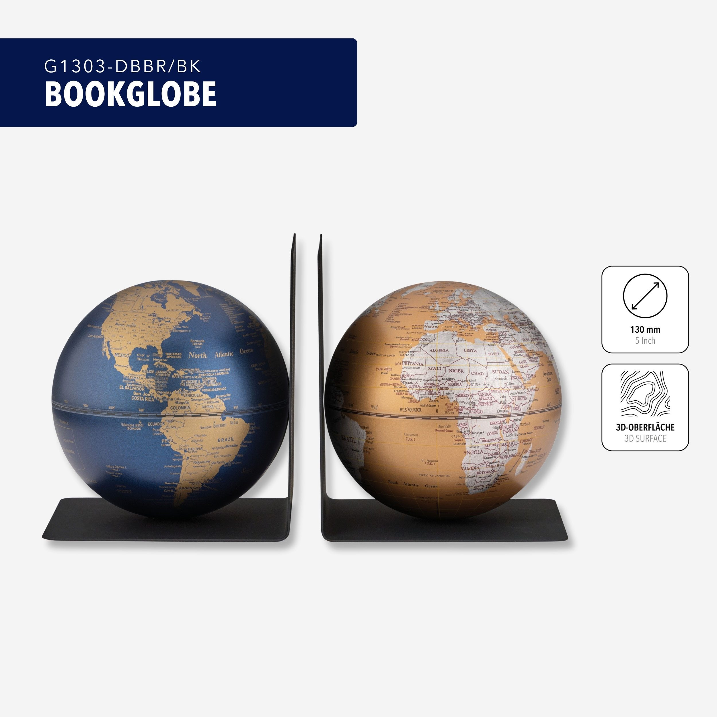 TROIKA Globus BOOKGLOBE, Metall-Buchstütze mit magnetischen, abnehmbaren Globen, (13 cm Durchmesser, 2-tlg), 13 x 13 x 15,3 cm englische Beschriftung, verschiedene Farben