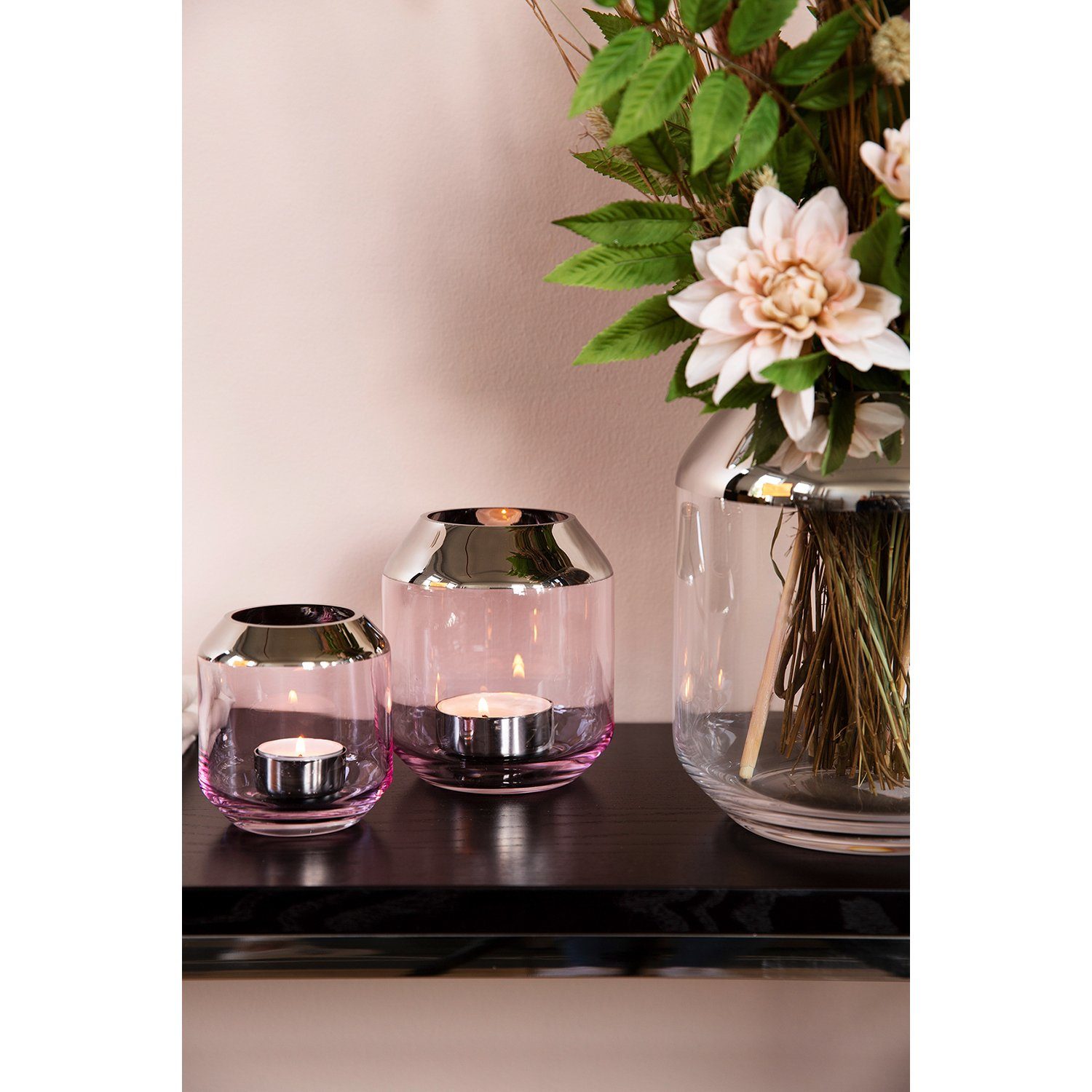 Fink Teelichthalter SMILLA Teelichthalter - H.14cm x D.12cm - Glas - hellrose/silber (1 St., Leuchte - Geschenk für Frauen), Windlicht Teelicht Vase: Vielseitiger Kerzenleuchter & Blumenvase