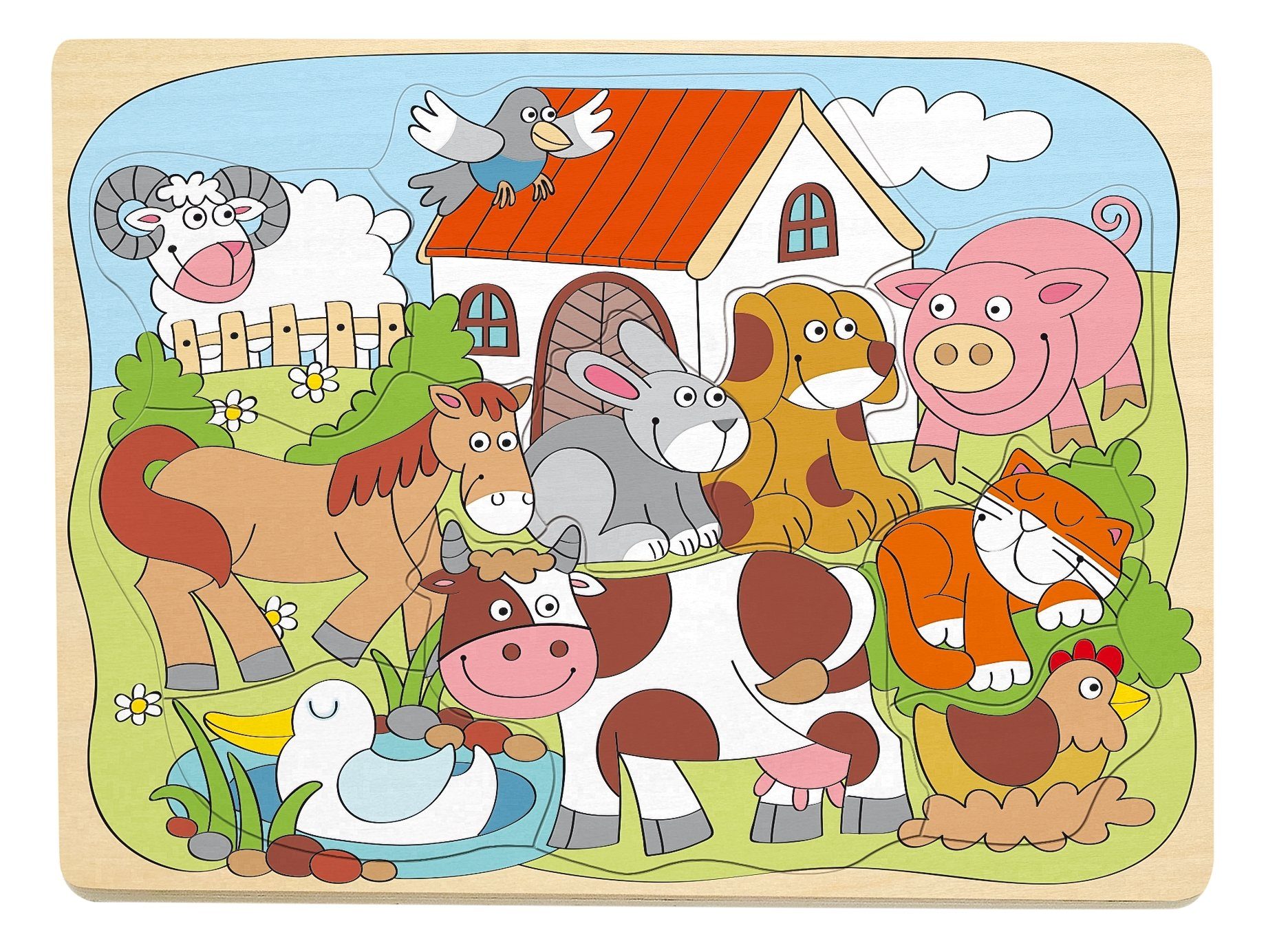 Woodyland Lernspielzeug 91929 10 Holzpuzzle Thema - Puzzleteile "Heimische bunte Tiere"