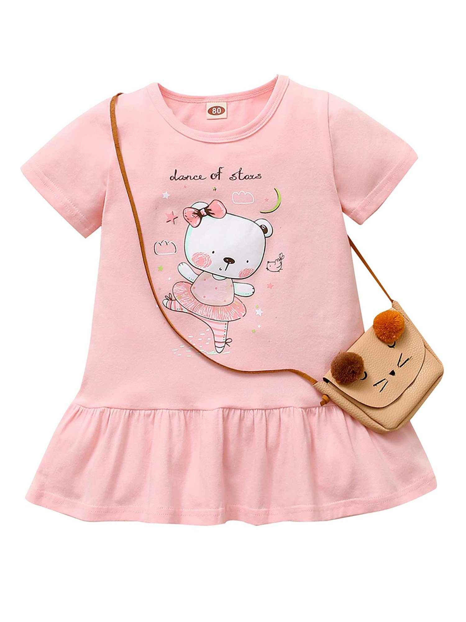Kinder Kleider Lapastyle Druckkleid Rosa Kurzarmkleid mit Bärendruck (Nur ein Kleid, keine Tasche)