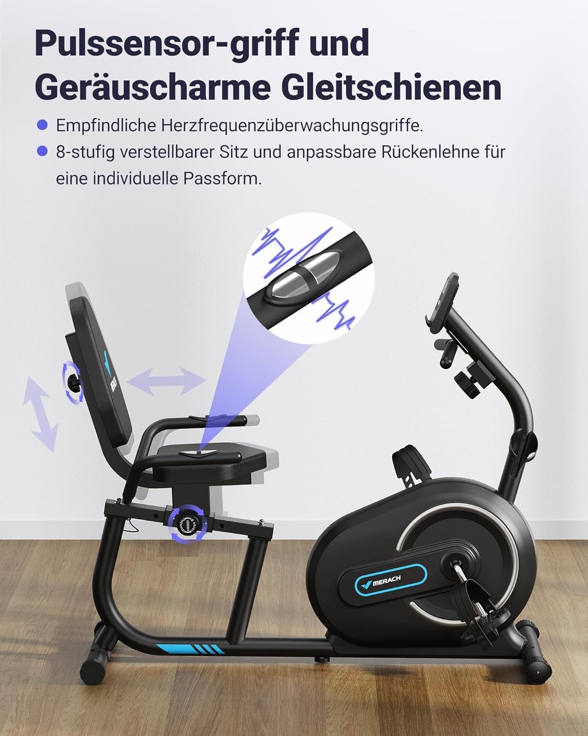 MERACH Liege-Ergometer Liegeergometer für Zuhause mit 8 Widerstandsstufen, Leise & Komfort (Heimtrainer mit App-Konnektivität, Herzfrequenzsensoren, LCD-Digital-Monitor, Ergonomischer Verstellbarer Rückenlehne), Hometrainer für Erwachsene Senioren Radfahren Fitness bis zu 136KG