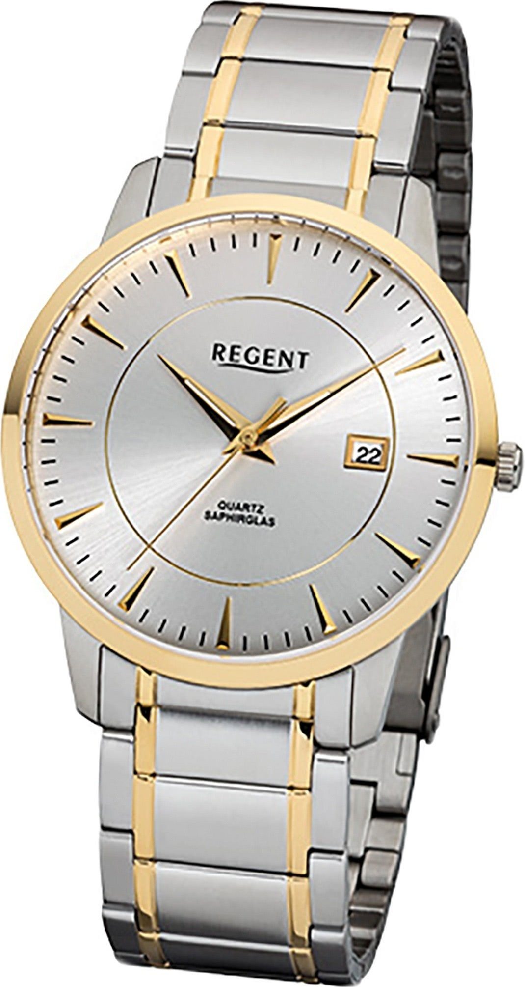 Regent Quarzuhr Regent Edelstahl Herren Uhr F-1046, Herrenuhr Edelstahlarmband silber, gold, rundes Gehäuse, mittel (39mm)