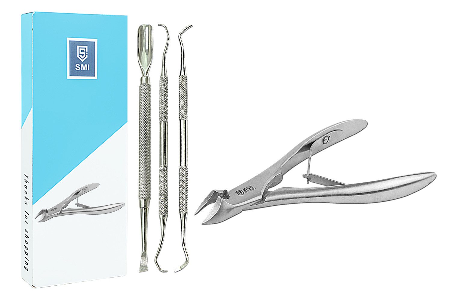SMI Nagelzange Fußpflege Set Fußnagelzange dicke Nägel Eckenheber Nagelhautschieber, 4-tlg., gebogene Klinge