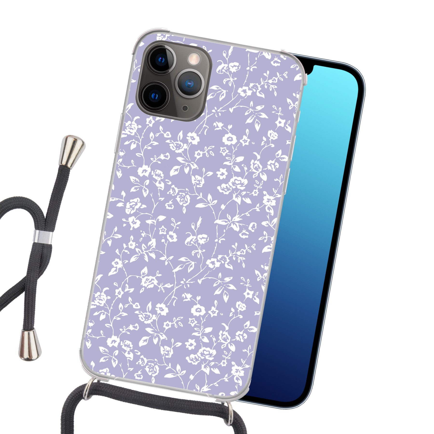 MuchoWow Handyhülle für Apple iPhone 13 Pro Max Florales Muster - Lila - Weiß - Blumen, Tragbare Handyhüllen mit Kette zum umhängen, Handykette Handyband