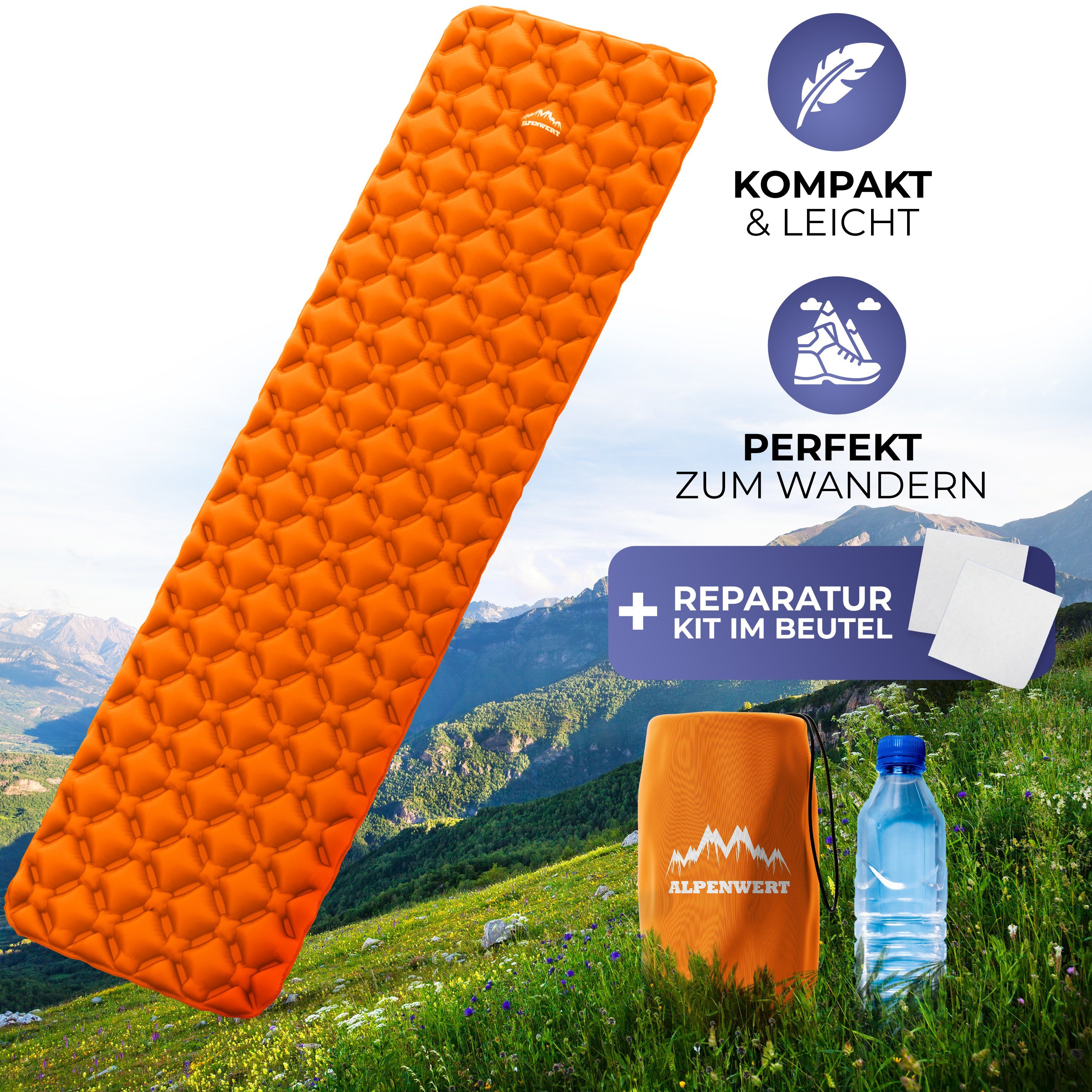 Alpenwert Isomatte Outdoor Camping Schlafmatte Reparatur Kit Packmaß, Orange Sleeping (Set), Pad, Ultra GRATIS Kleines Leicht, Aufblasbar