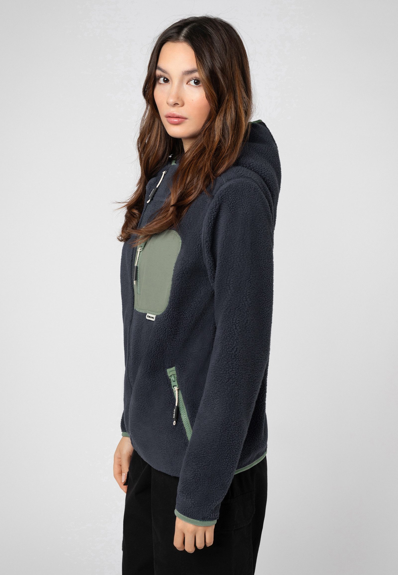 SUBLEVEL Fleecejacke Damen Teddyfleecejacke mit Brusttasche und Kapuze Fleecejacke Outdoorjacke Kuscheljacke