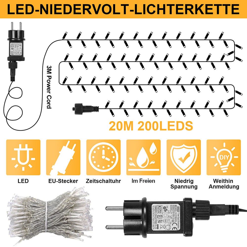 Rosnek Lichterkette 20M/30M/50M/100M 31V DC LED-Lichterkette, Timer, Speicherfunktion, 8 Modi für Zuhause Garten Hof Hochzeit Weihnachtsfeier Feiertag