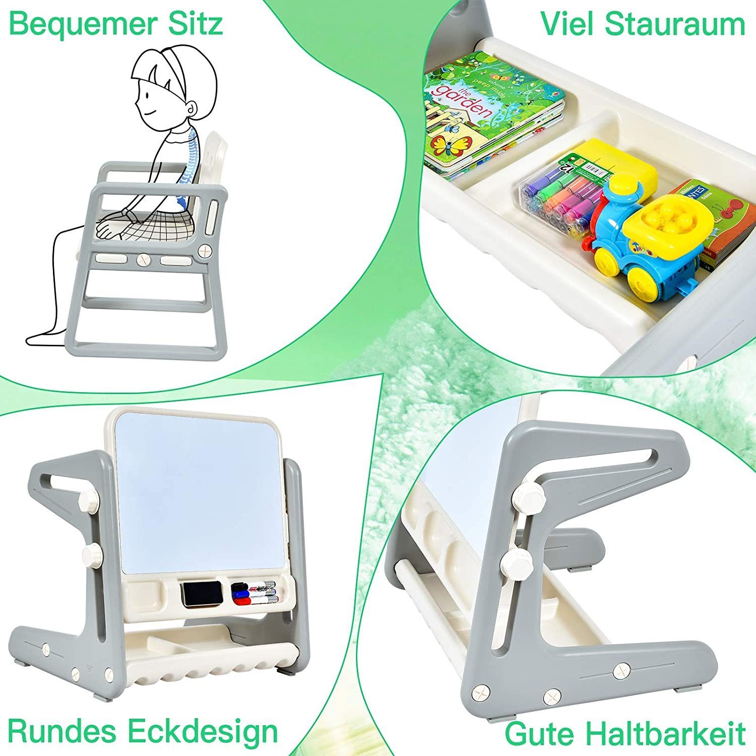 COSTWAY Maltafel, und Weiß Kinderschreibtisch Grau mit Magnetische Hocker