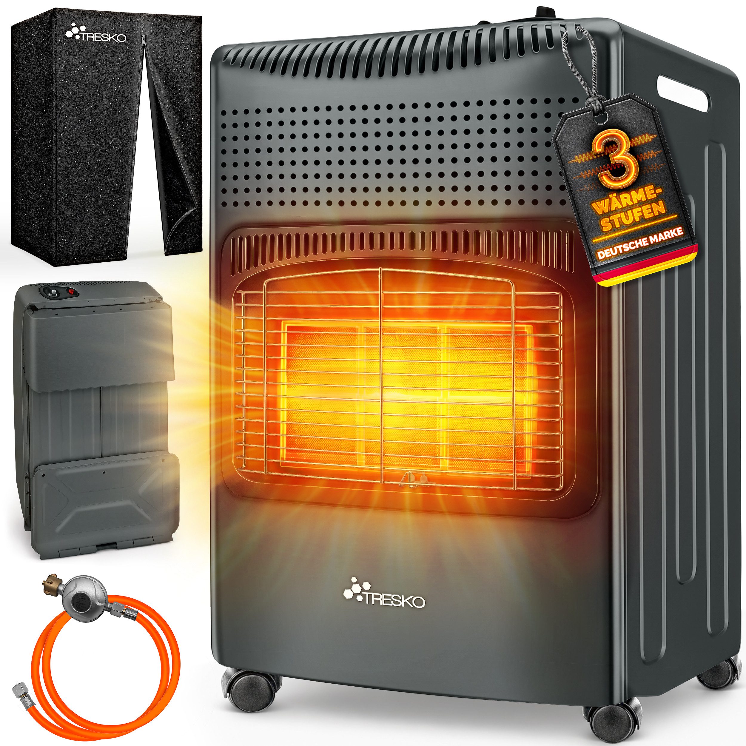 TRESKO Heizstrahler 4200 W Gasheizung + Abdeckung Gasheizer 3 Stufen Gasofen Gasheizofen