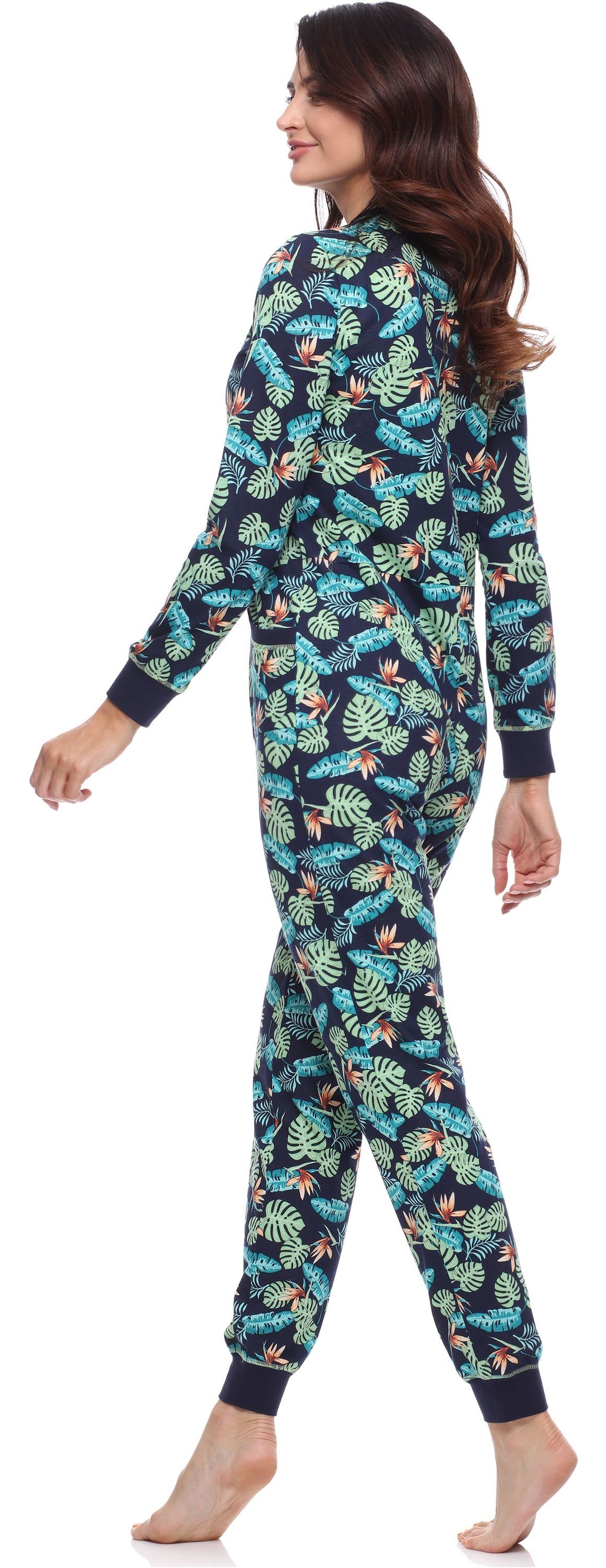 Schlafanzug Style Schlafanzug Schlafoverall Marineblau/Blätter Merry Damen MS10-175