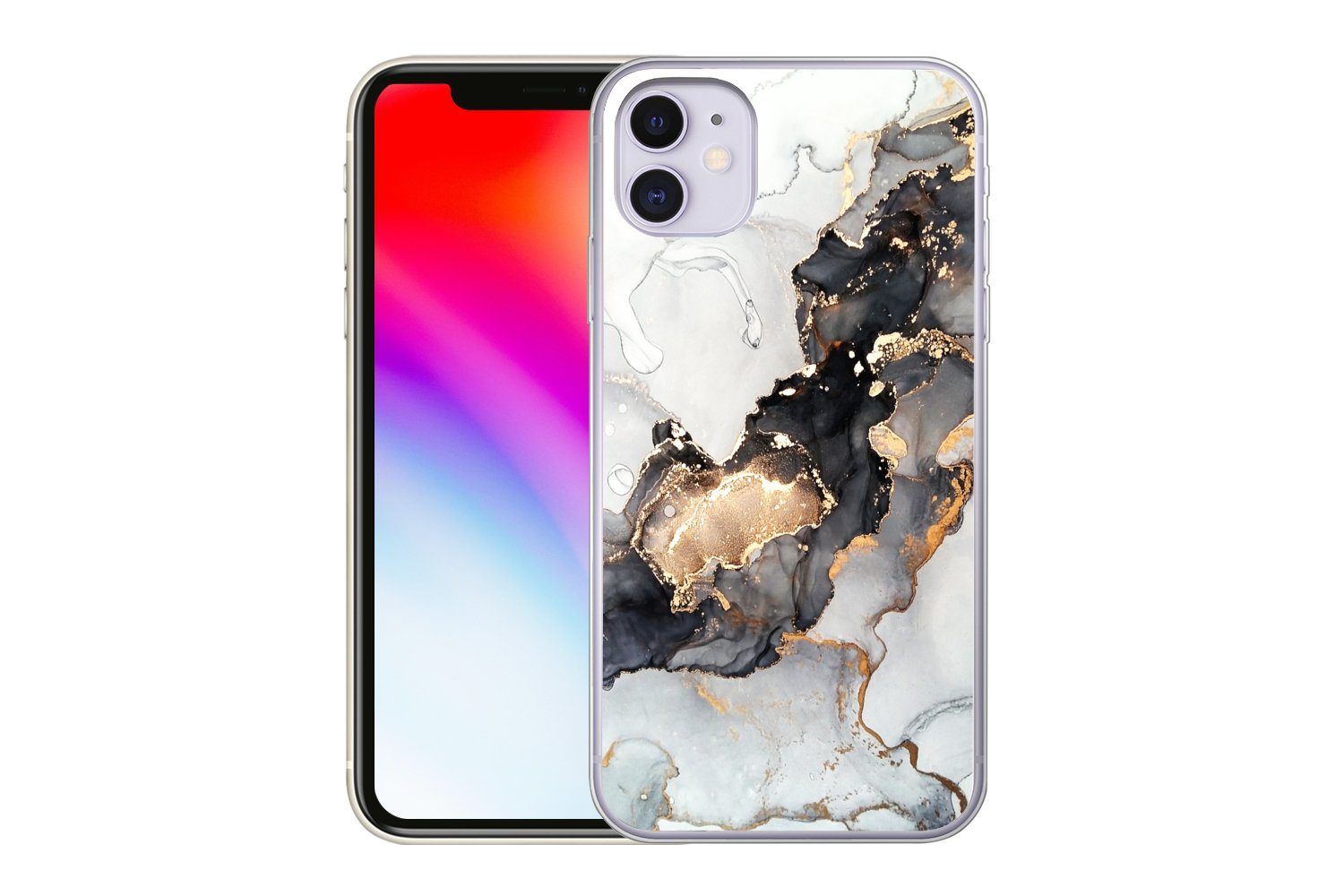 MuchoWow Handyhülle für Apple iPhone 11 Marmor - Schwarz - Weiß - Gold - Luxus - Abstrakt, Smartphone-Bumper, Print, Handy Schutzhülle Dünn
