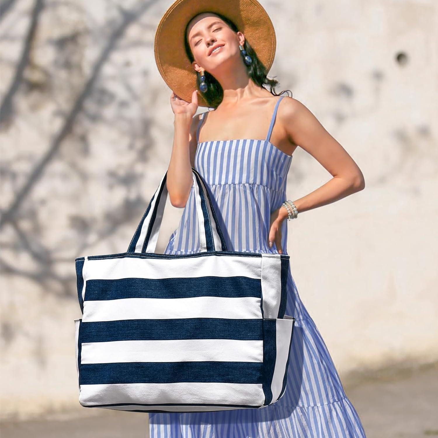 LuxusKollektion XL-Strandtasche Große Strandtasche Damen XXL Wasserdicht mit Fächern Faltbar Blau
