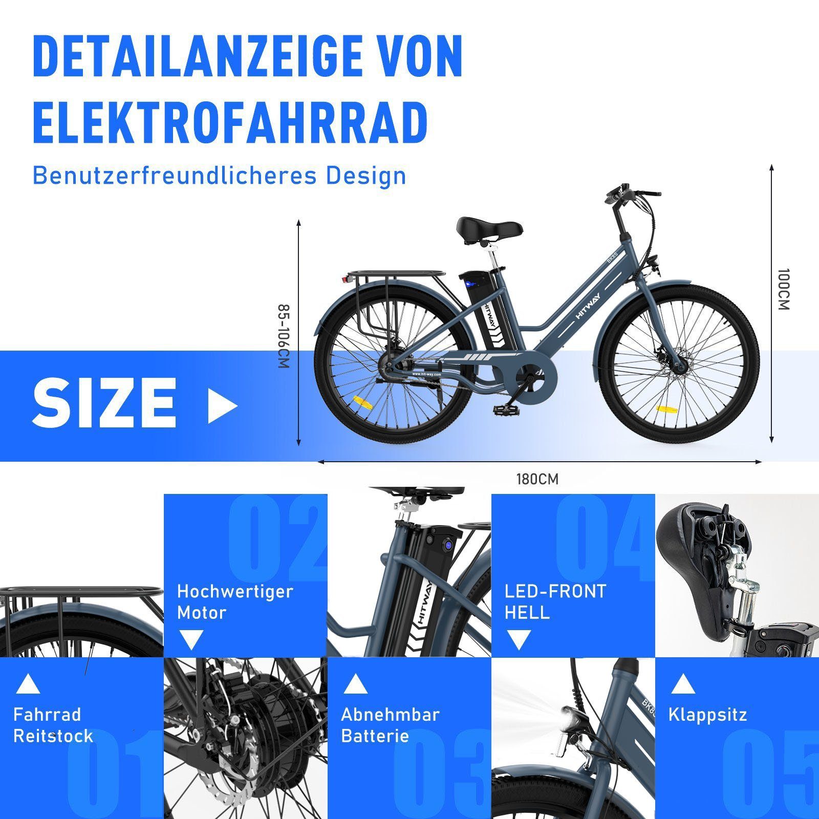 Hollandräder Abnehmbarer HITWAY E-Bike, 250W Akku E-fahrräde Blau 36V8.4AH