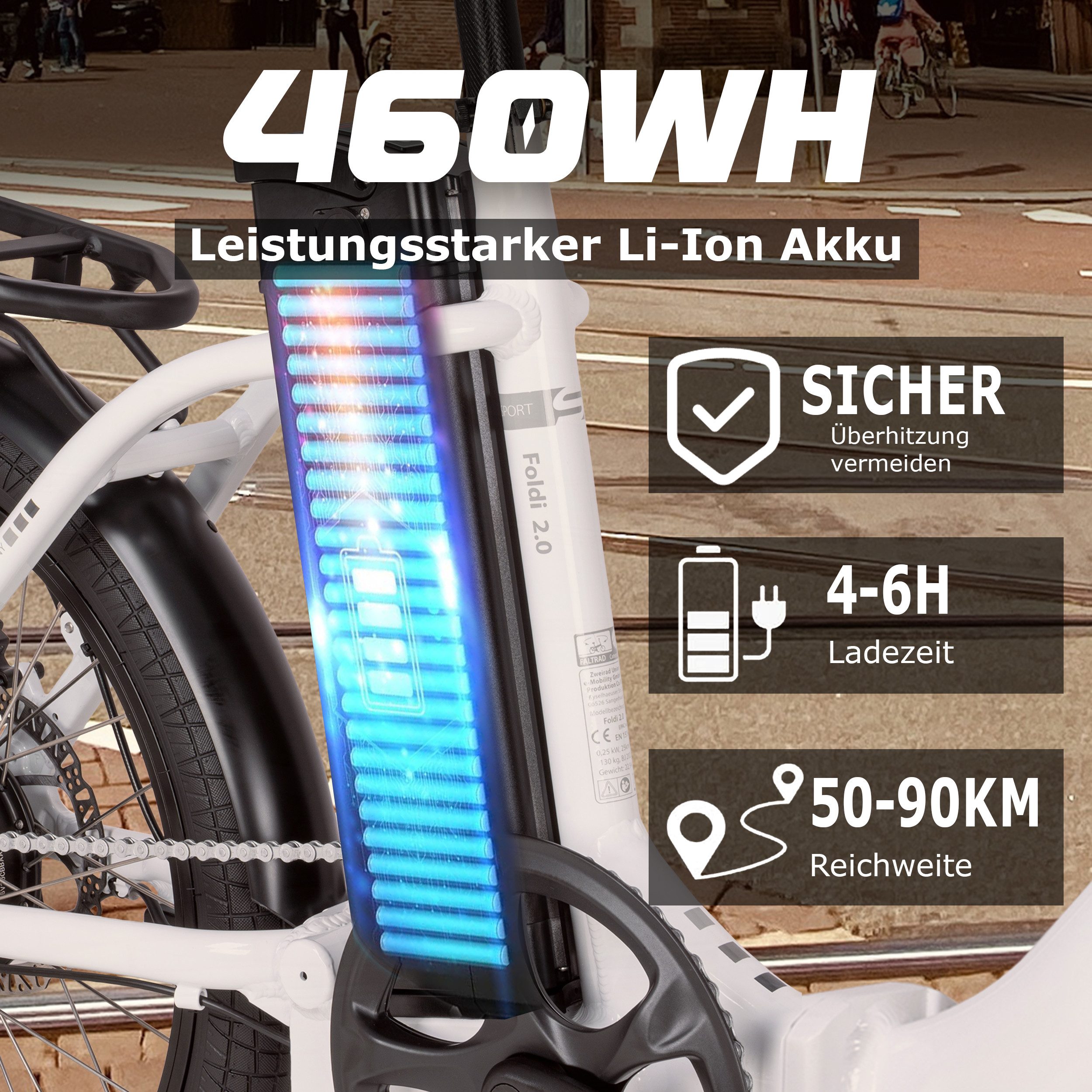 SAXXX E-Bike Klapprad 20 Zoll, Elektrofahrrad, bis zu 90km, Faltrad, für Damen und Herren, 7 Gang Shimano SL-RV300-7R Schaltwerk, Kettenschaltung, Heckmotor, 460 Wh, nur 23kg, RH: 42cm, bis zu 130kg, Pedelec, E-Citybike mit Tiefeinstieg