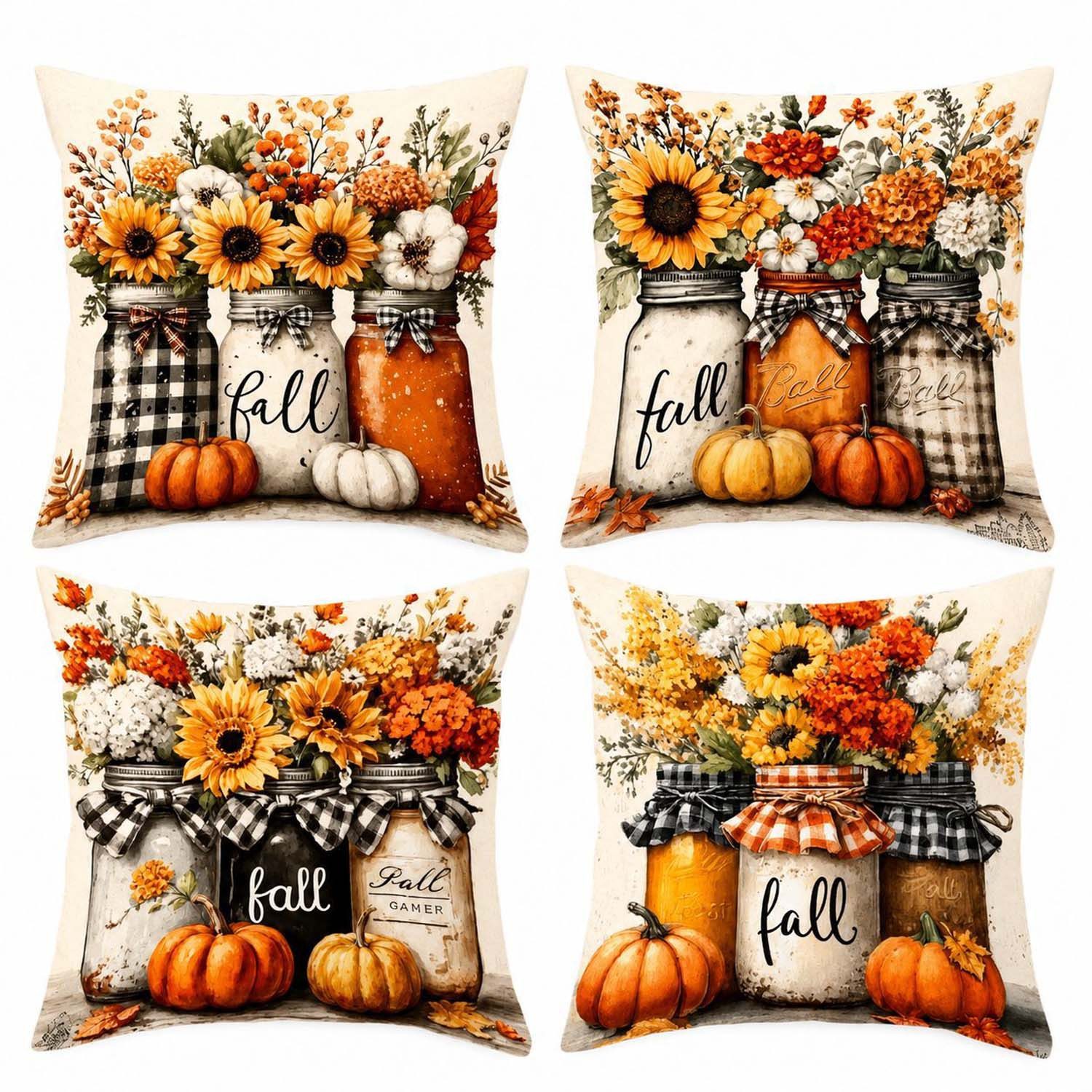 Sorvyzxn Kissenbezug 4er Set Kissenbezug Herbst 45x45 Kissenhülle Kürbis Deko