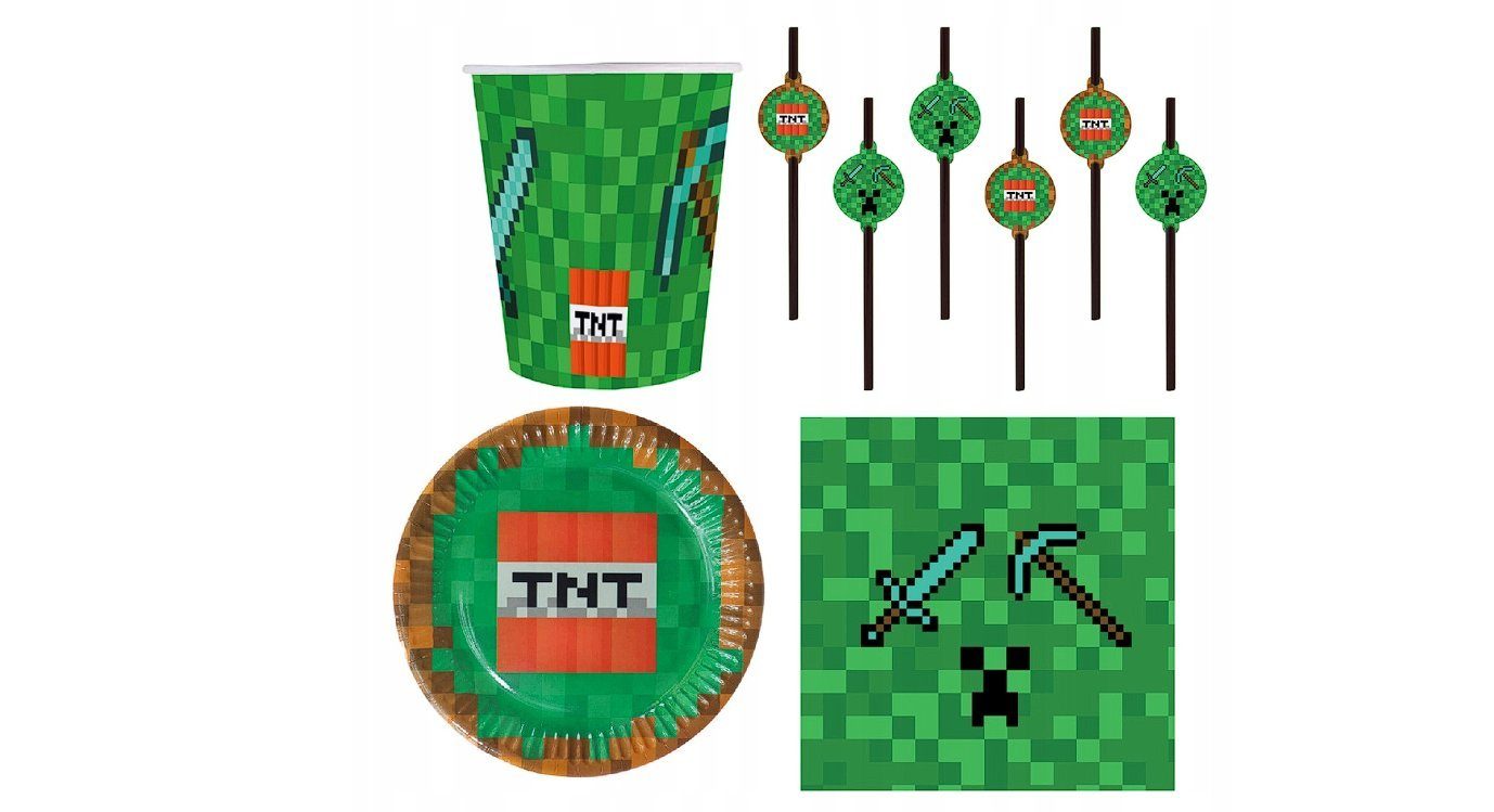 Festivalartikel Einweggeschirr-Set Geburtstagsset "Minecraft", 40-teilig, ideal für Geburtstagsfeier, papier