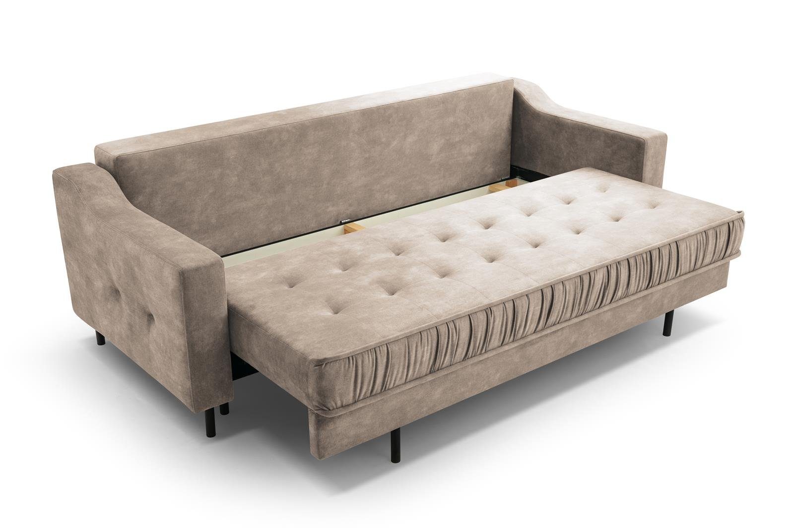 Beautysofa 3-Sitzer ALA, im skandinavisches Wohnzimmer, Polstersofa Bettkasten hohe und Schlaffunktion Velours, aus Stil, mit für Beige 03) mit Metallbeine, (palladium