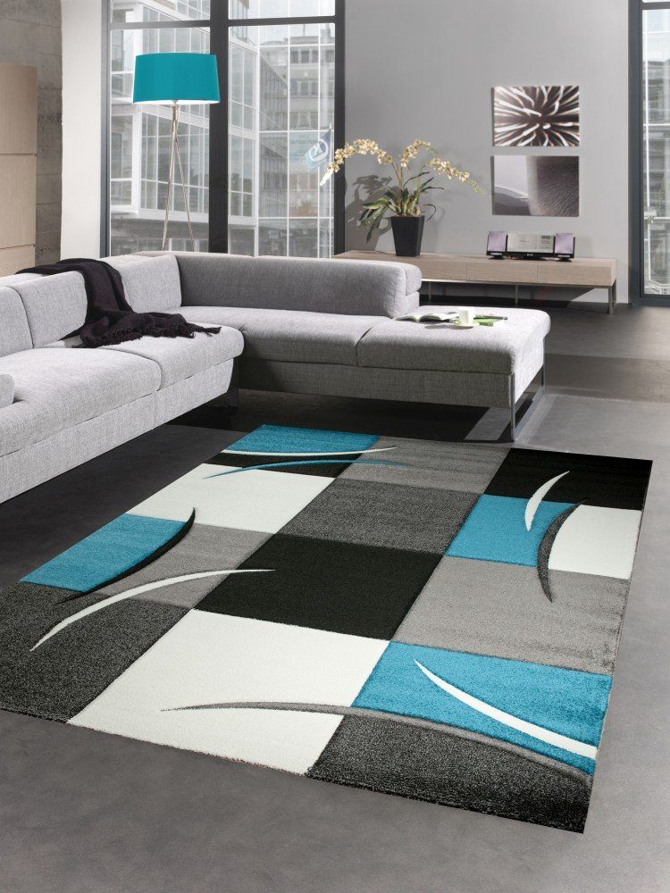 Teppich Designer Teppich Wohnzimmerteppich karo türkis grau creme schwarz