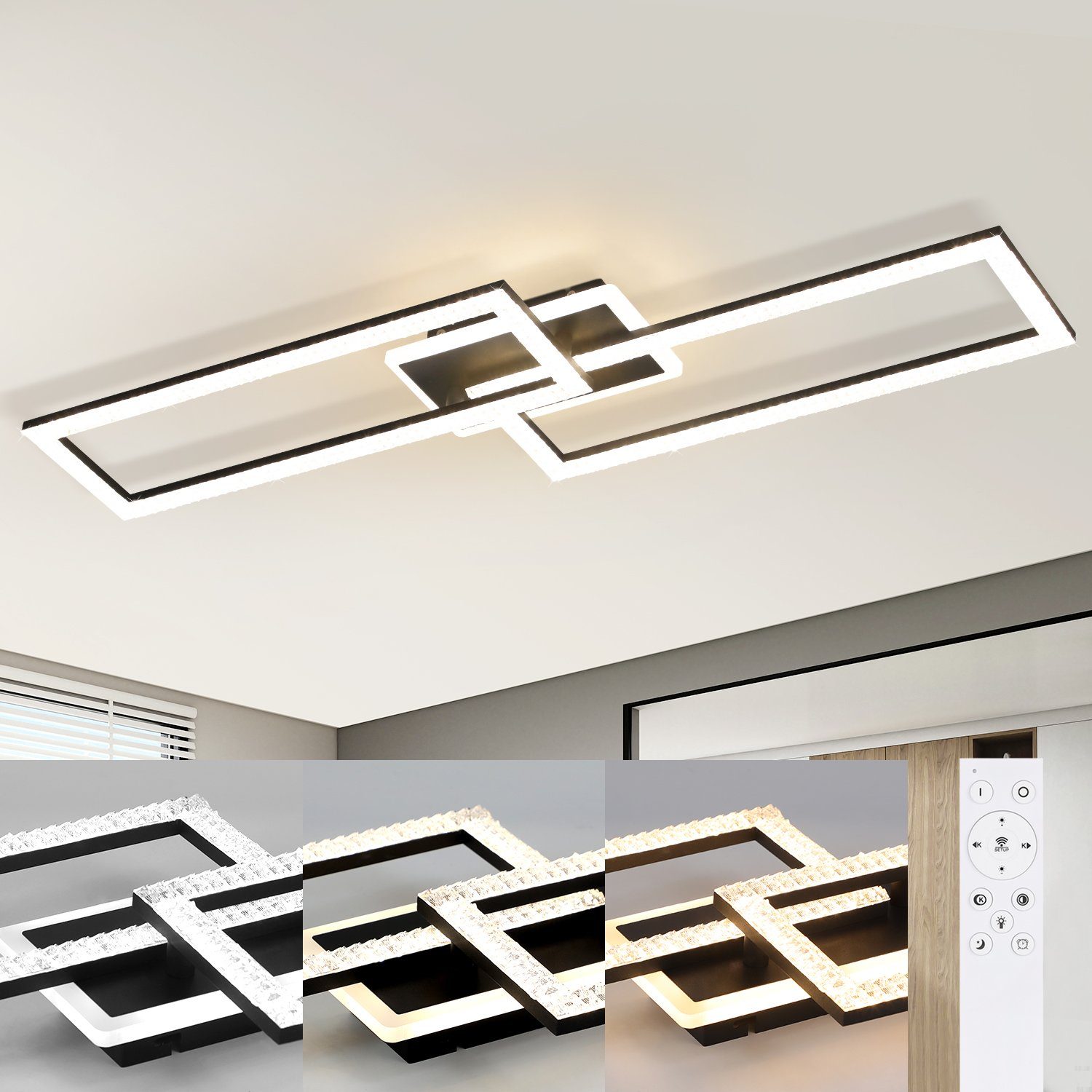 Nettlife LED Deckenleuchte mit Fernbedienung Schwarz 56W Metall Kristall für Schlafzimmer Küche