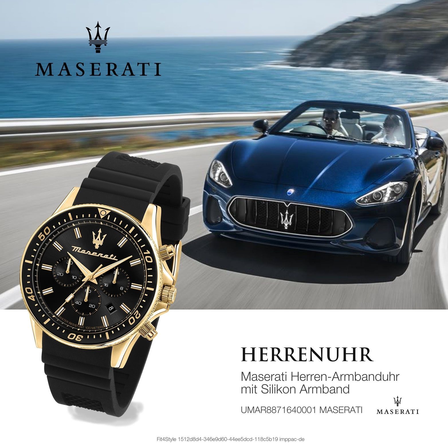 rundes groß Gehäuse, MASERATI Silikonarmband, (ca. Silikon Armband-Uhr, schwarz Chronograph Maserati 44mm) Herrenuhr