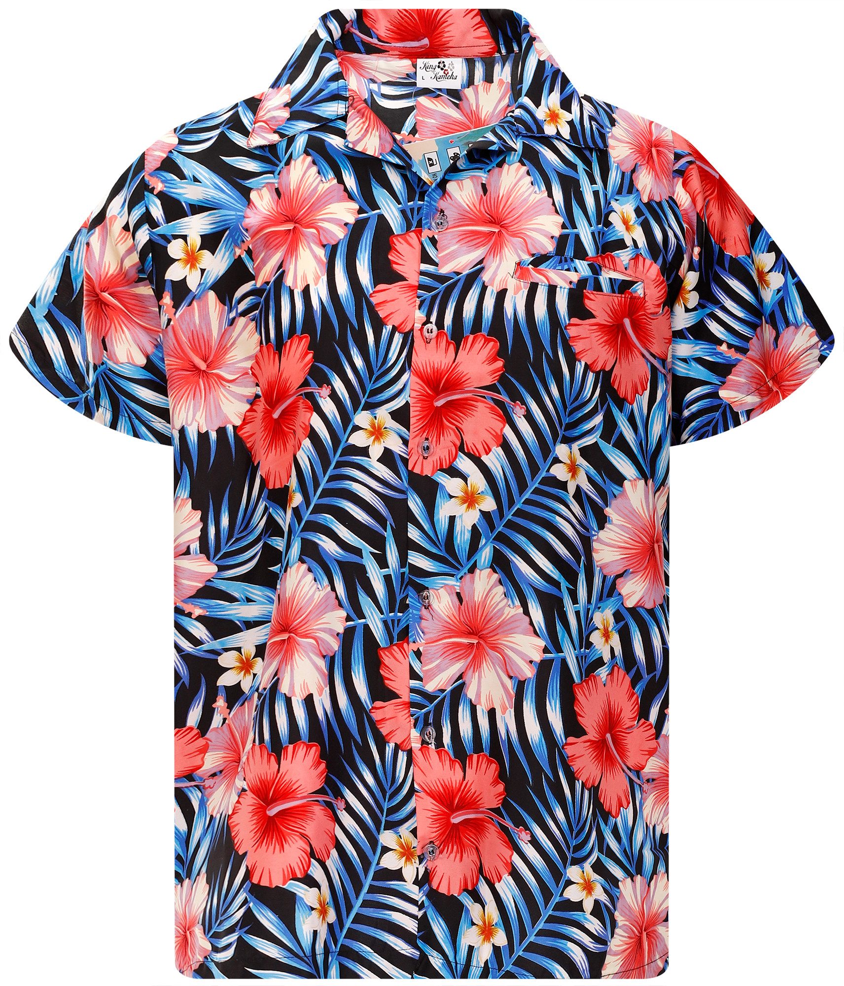 King Kameha Hawaiihemd Tropical Hibiscus Funky Hawaii-Hemd Kurzarm Front-Tasche Unisex