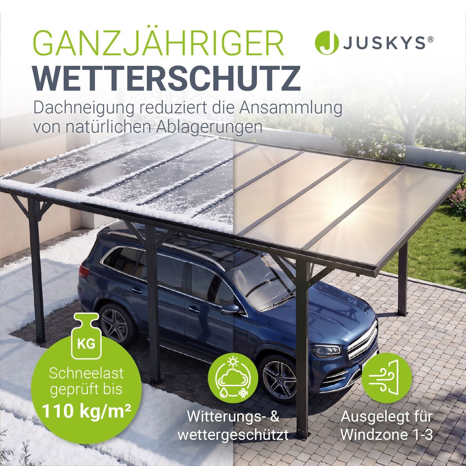 Juskys Einzelcarport, BxT: 305x503 cm, 217 cm Einfahrtshöhe, Flachdach mit UV Schutz, hohe Wind und Schneelast