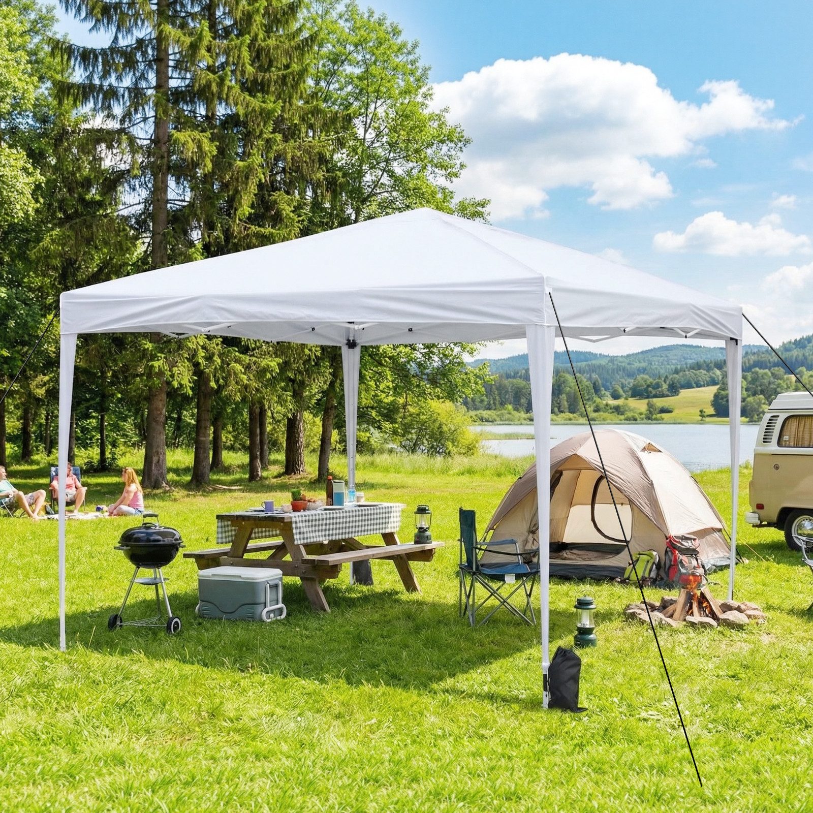VOWNER Pavillon wasserdicht, Partyzelt, 4er Sandsackset, Pop-Up, 3x3m, höhenverstellbar, Gartenzelt, UV 50+, m. Tasche, weiß