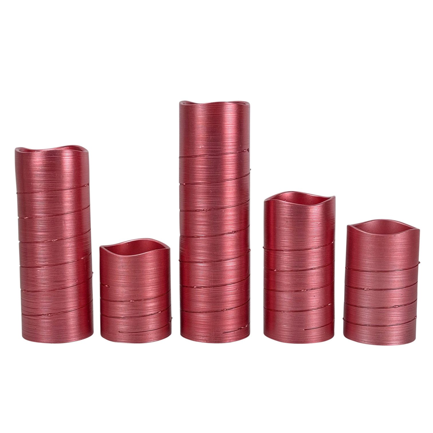 Online-Fuchs LED-Kerze 5er Set große Metallic LED-Kerzen mit Lichterkette umwickelt und Timer (warmweiße Beleuchtung, Rot, Blau, Salbei, Champagner & Berry), inkl. 6-Stunden Timerfunktion - realistische Acrylflamme