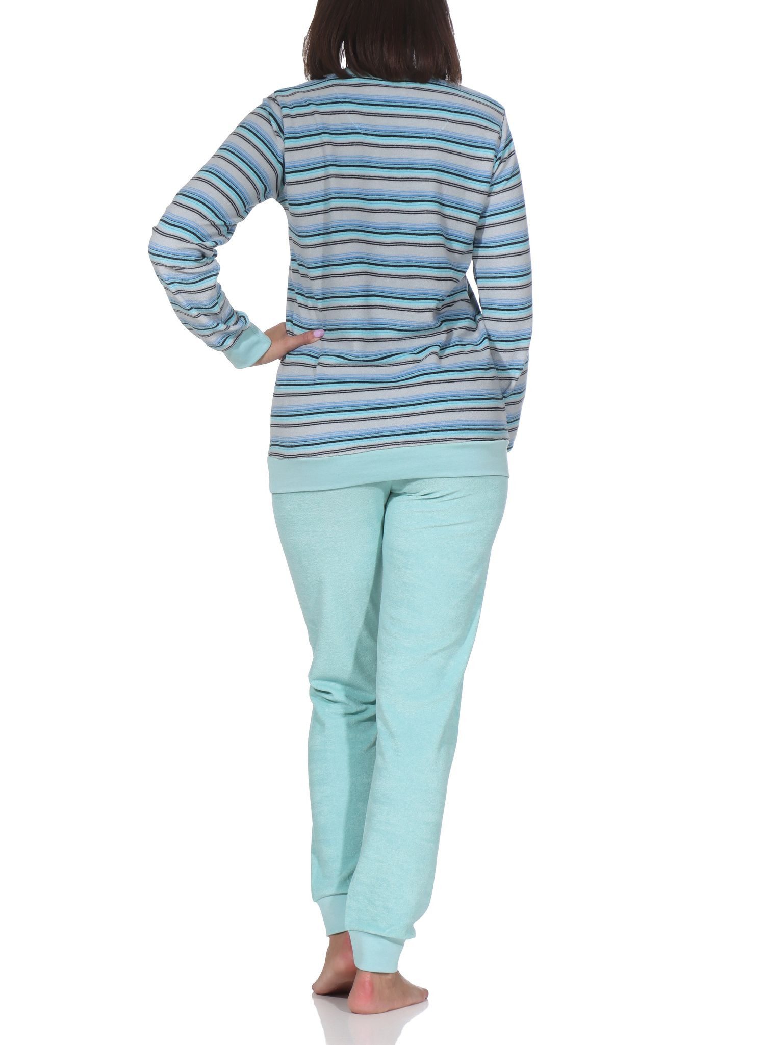Normann Pyjama Damen Frottee Schlafanzug mit Bündchen in elegantem Streifendesign – Bild 3 von 5