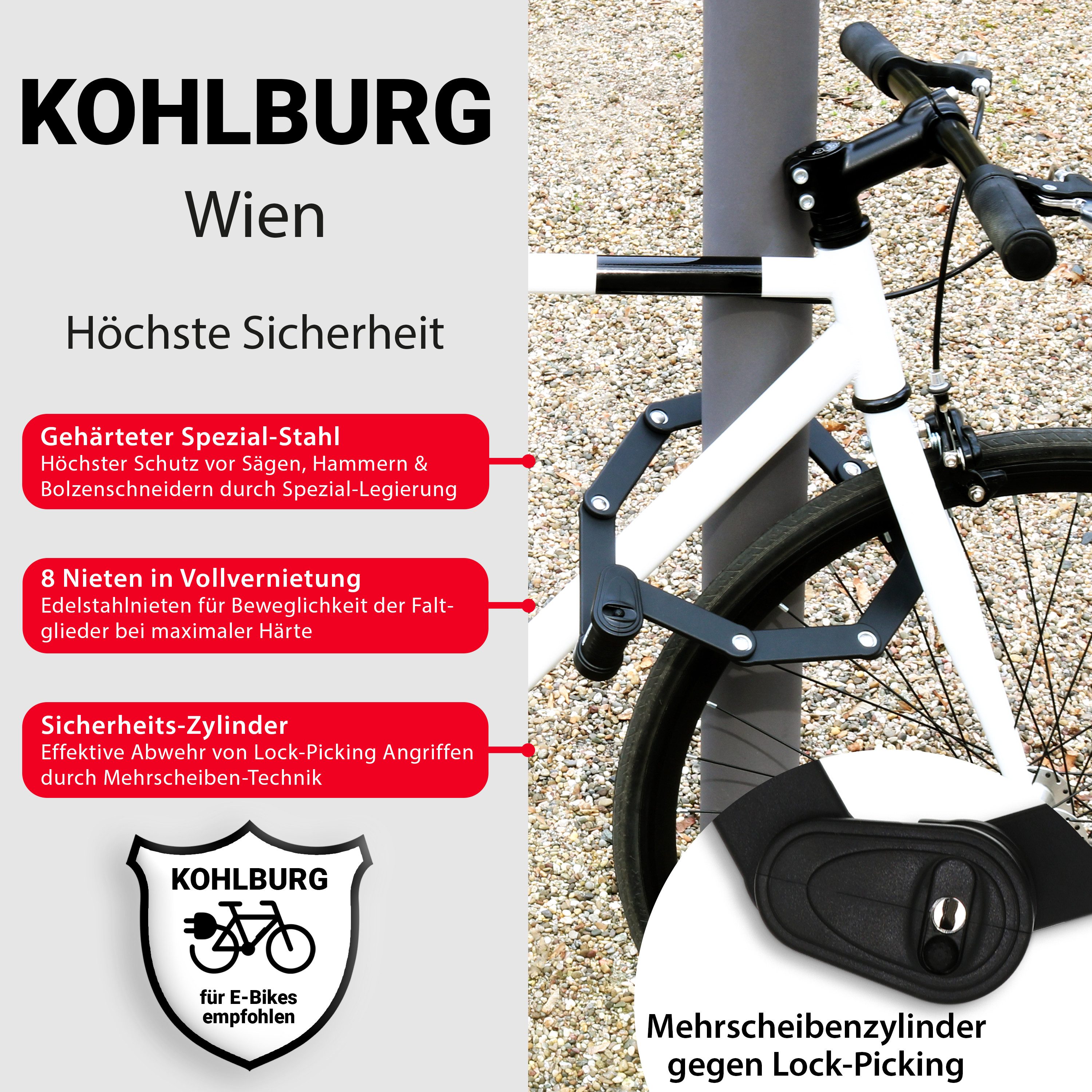 KOHLBURG Faltschloss [höchste Sicherheit für 1 kg] Fahrradschloss für E-Bike & Fahrrad 89cm, aus gehärtetem Spezialstahl mit höchster Sicherheitsstufe