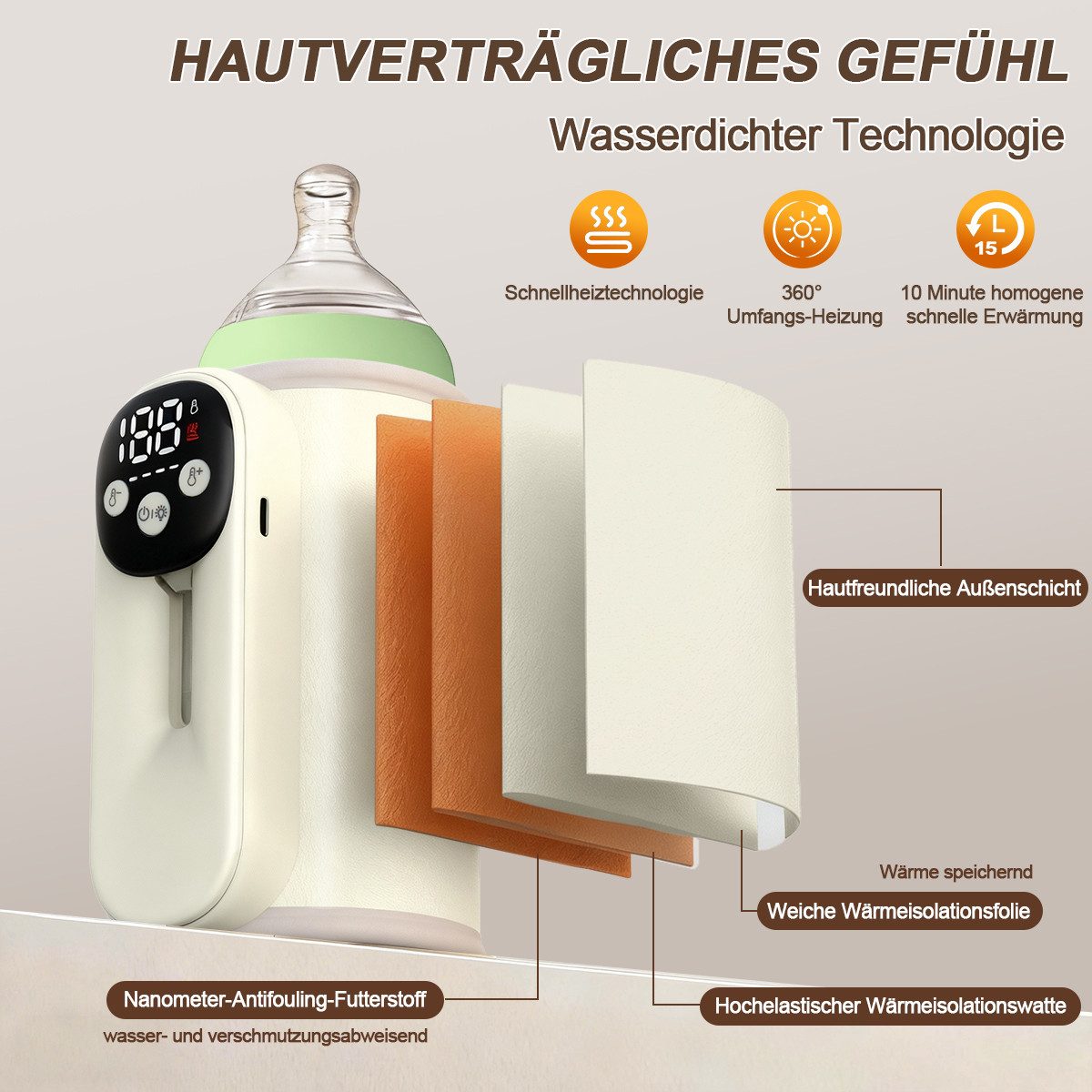 DOPWii Flaschenwärmer Tragbar Multifunktionaler Baby Flaschenwärmer mit Temperaturanzeige, mit White Noise Player,Bluetooth Lautsprecher, Verstellbares Klettband