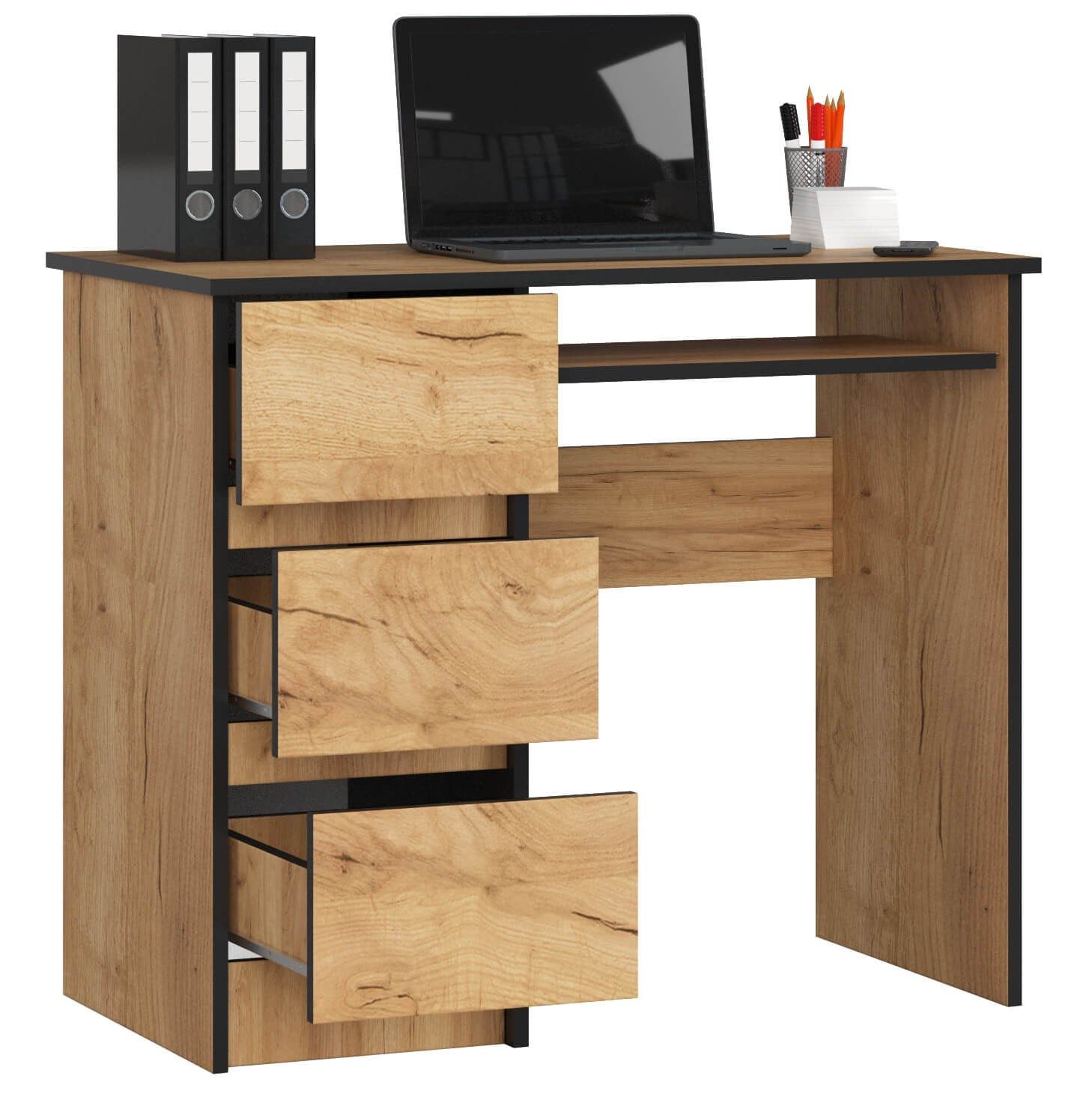 Raumhirsch Furniture Schreibtisch mit Tastaturauszug - zwei Tischvarianten - 90 cm breit, mit 3 Schubkästen - Kasten linke Variante
