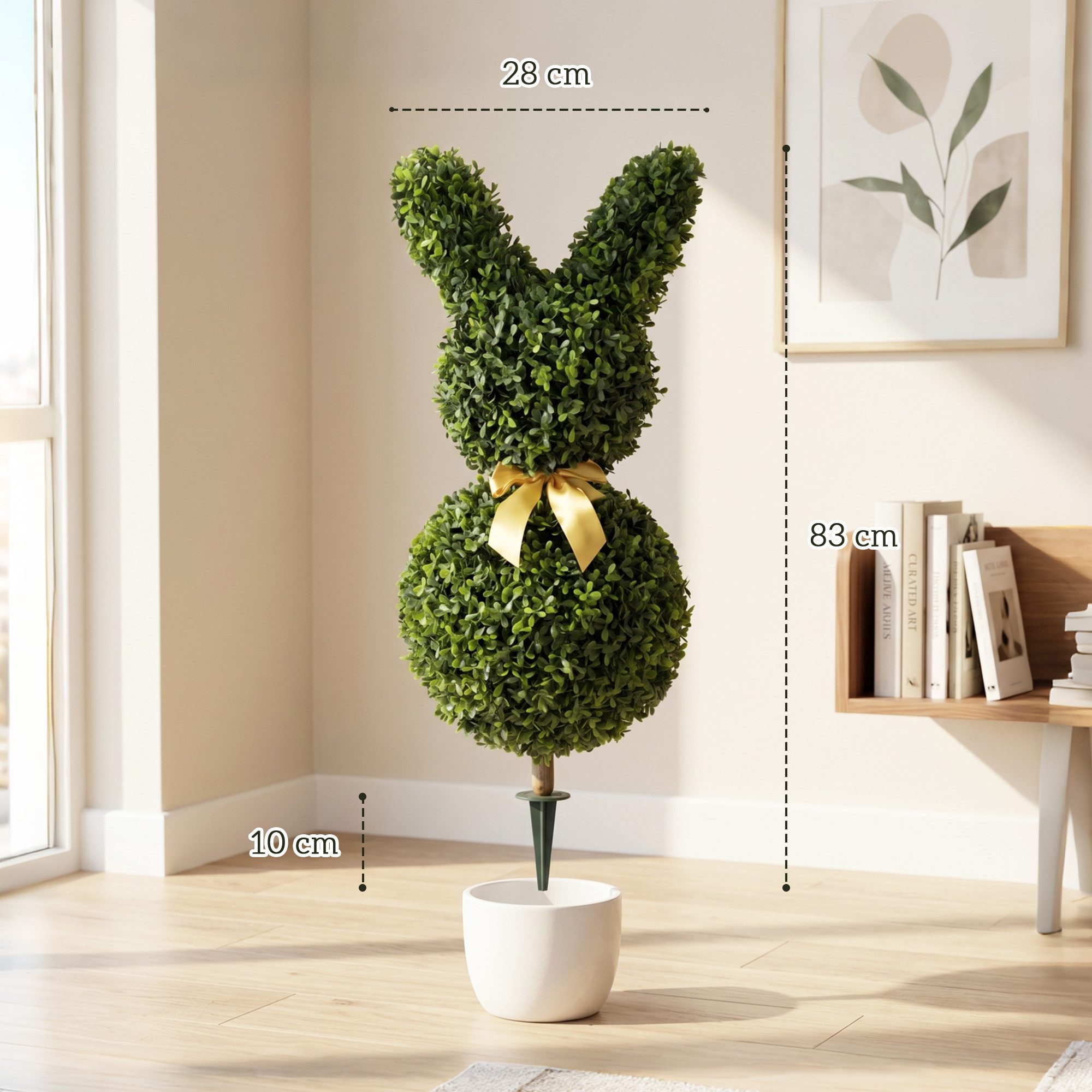 Kunstpflanze Künstliche Pflanze, Dekopflanze für Wohnzimmer, Deko, Garten Buchsbaum, HOMCOM, Höhe 83 cm, Kaninchenform, gelbe Schleife, Bodenpfahl – Bild 3 von 5