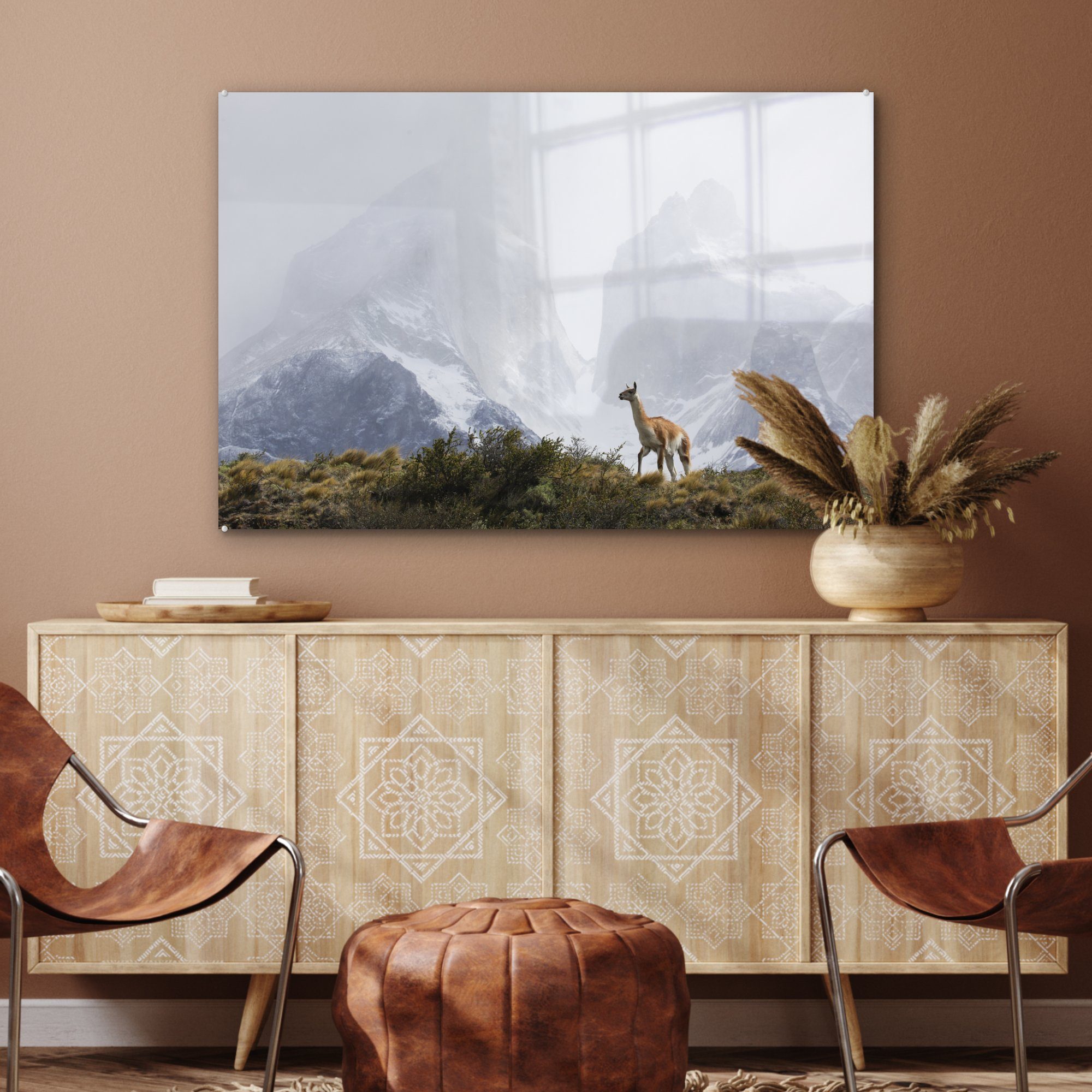 & Acrylglasbilder - Berge, MuchoWow St), Schnee Wohnzimmer - (1 Acrylglasbild Lama Schlafzimmer