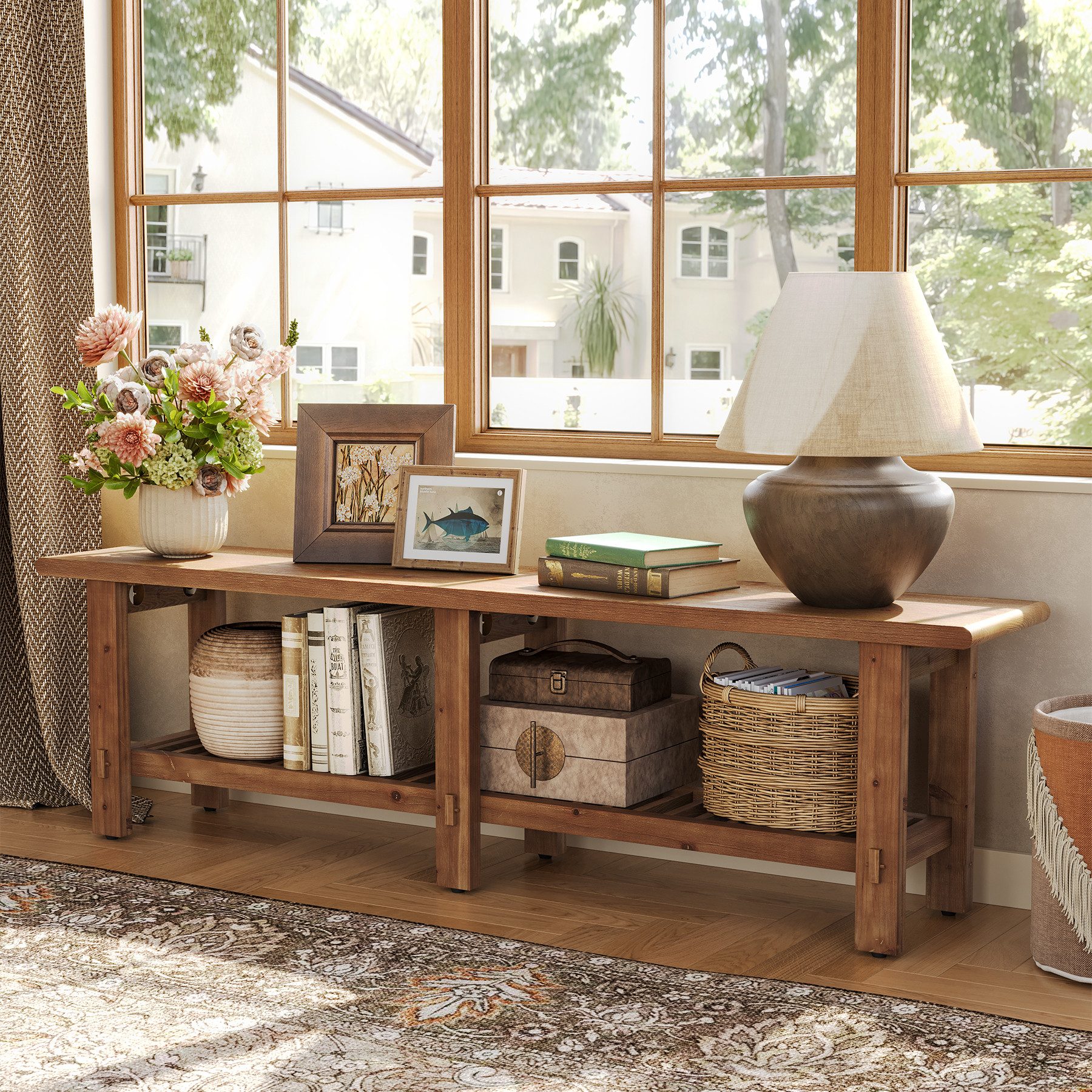 Tribesigns Schuhbank 160 cm Massivholzbank, Sitzbänke im Landhausstil mit Ablage, Flurbank (für Schlafzimmer, Wohnzimmer, Eingangsbereich und Flur) – Bild 2 von 5