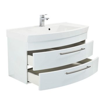Lomadox Waschtisch-Set LUINO-02, (Spar-Set, 0-St), Hochglanz weiß 100 mit runder Front Waschplatz und LED Spiegel 100 cm