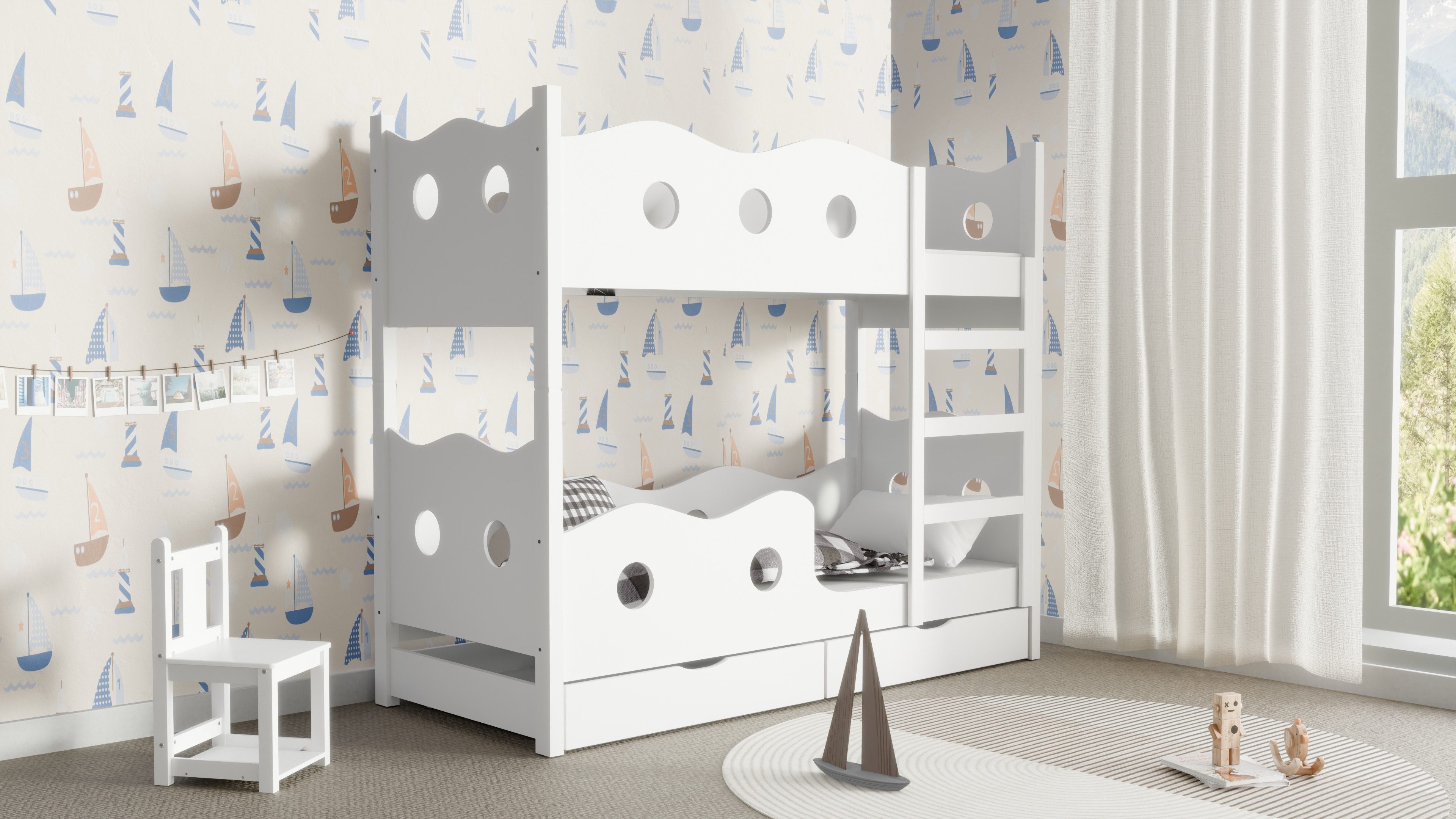Etagenbett mit Rausfallschutz und Schubladen Hochbett Bett + 2 Matratzen