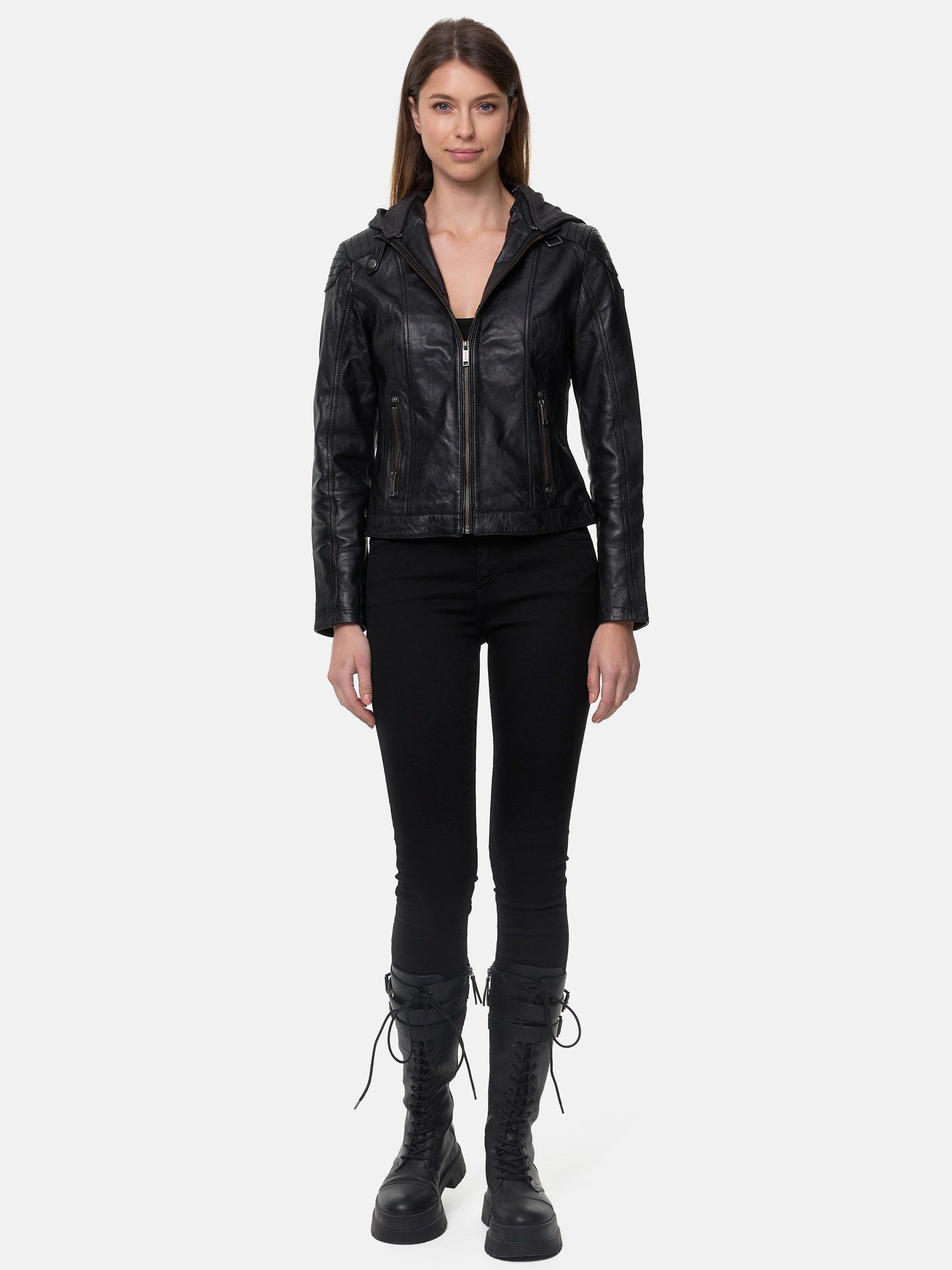 Tazzio Lederjacke F503 Biker schwarz Look Damen Leder im abnehmbarer Jacke mit Kapuze