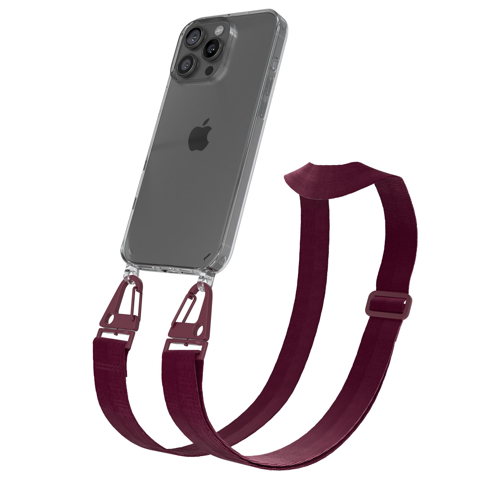 EAZY CASE Handykette Silikon Kette Karabiner für iPhone 16 Pro Max 6,9 Zoll, Smartphonekette Cover Silikonhülle Umhängetasche Burgundy Rot Beere