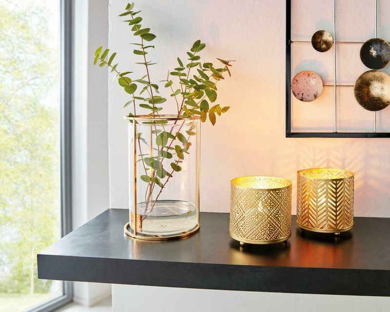 Home-trends24.de Dekovase Vase Gold Kerzenhalter Deko Windlicht Glas Metall